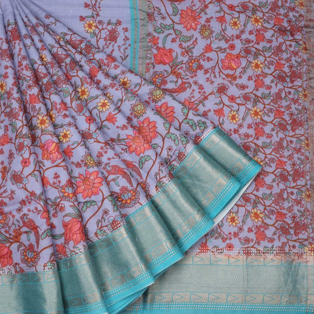Dull Blue Printed Cotton Saree - Singhania's
