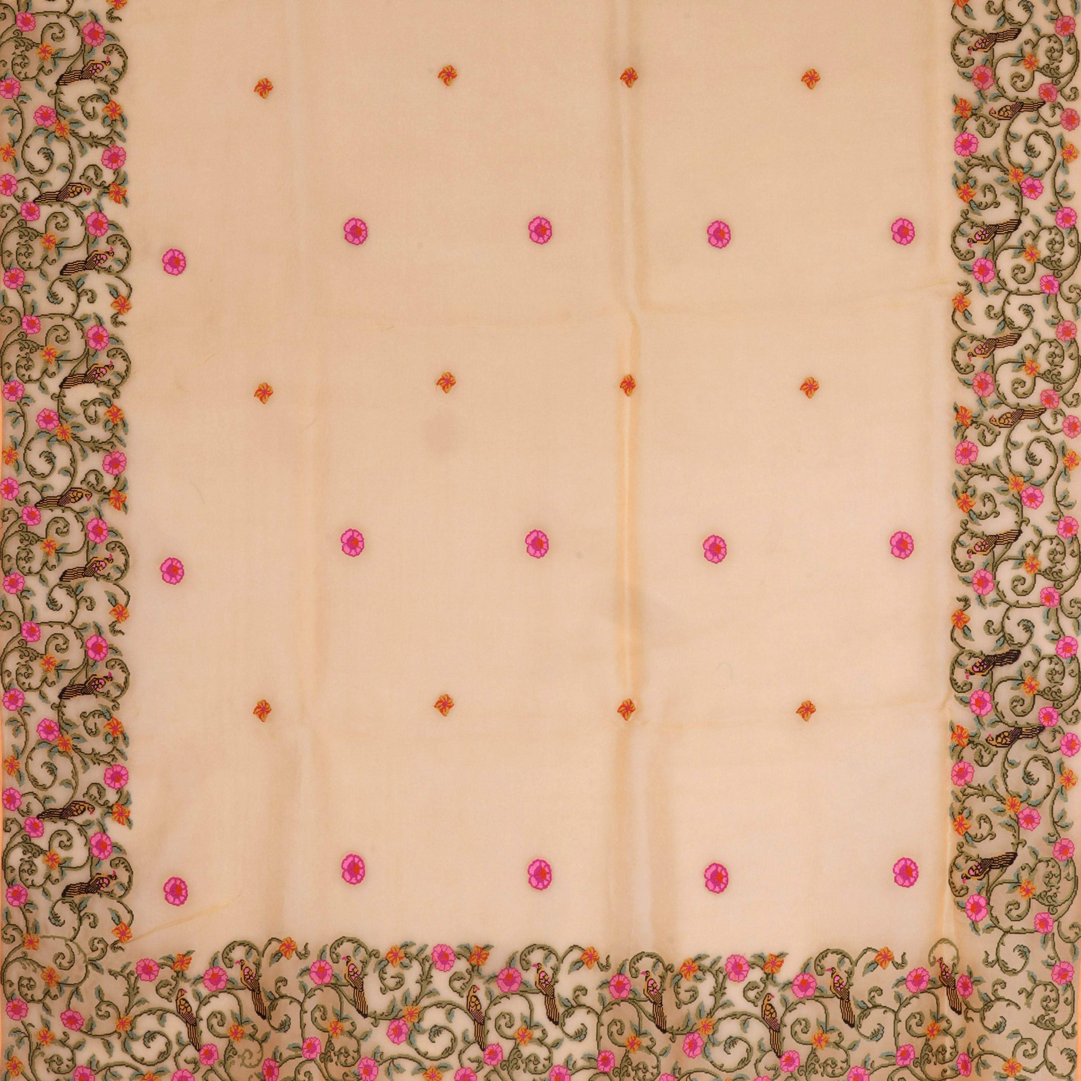Bright Cream Organza Saree With Floral Embroidery - Singhania's