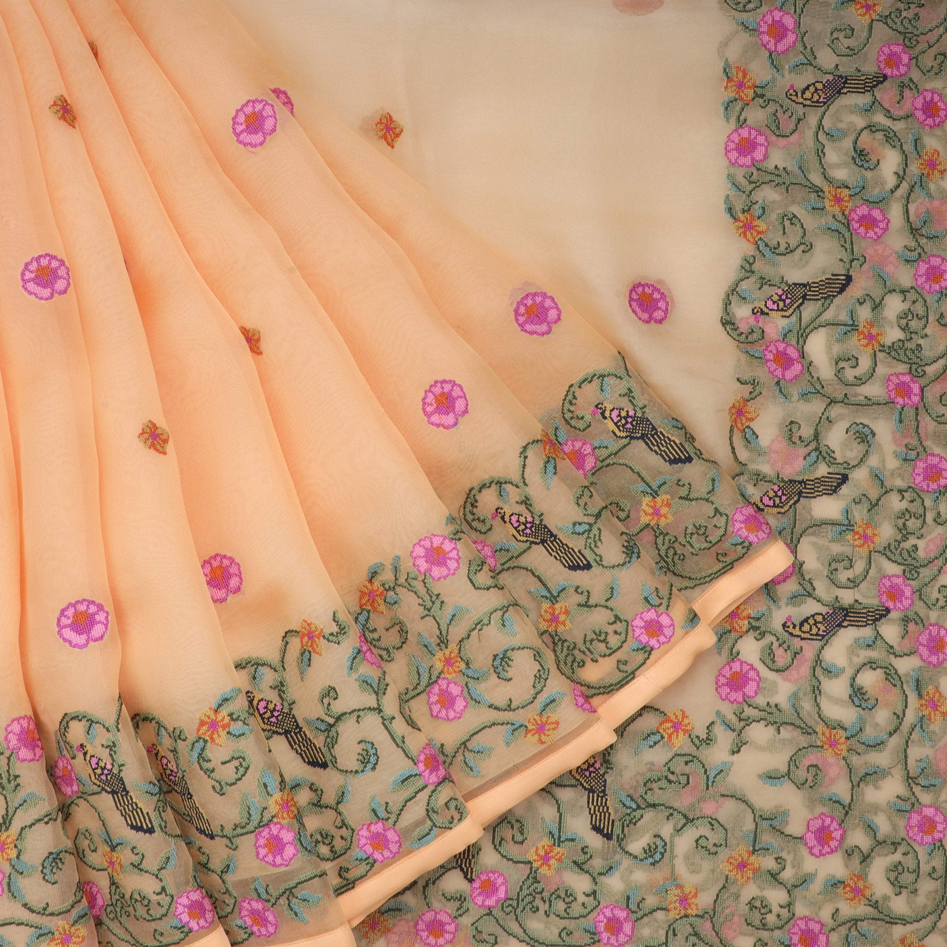 Bright Cream Organza Saree With Floral Embroidery - Singhania's