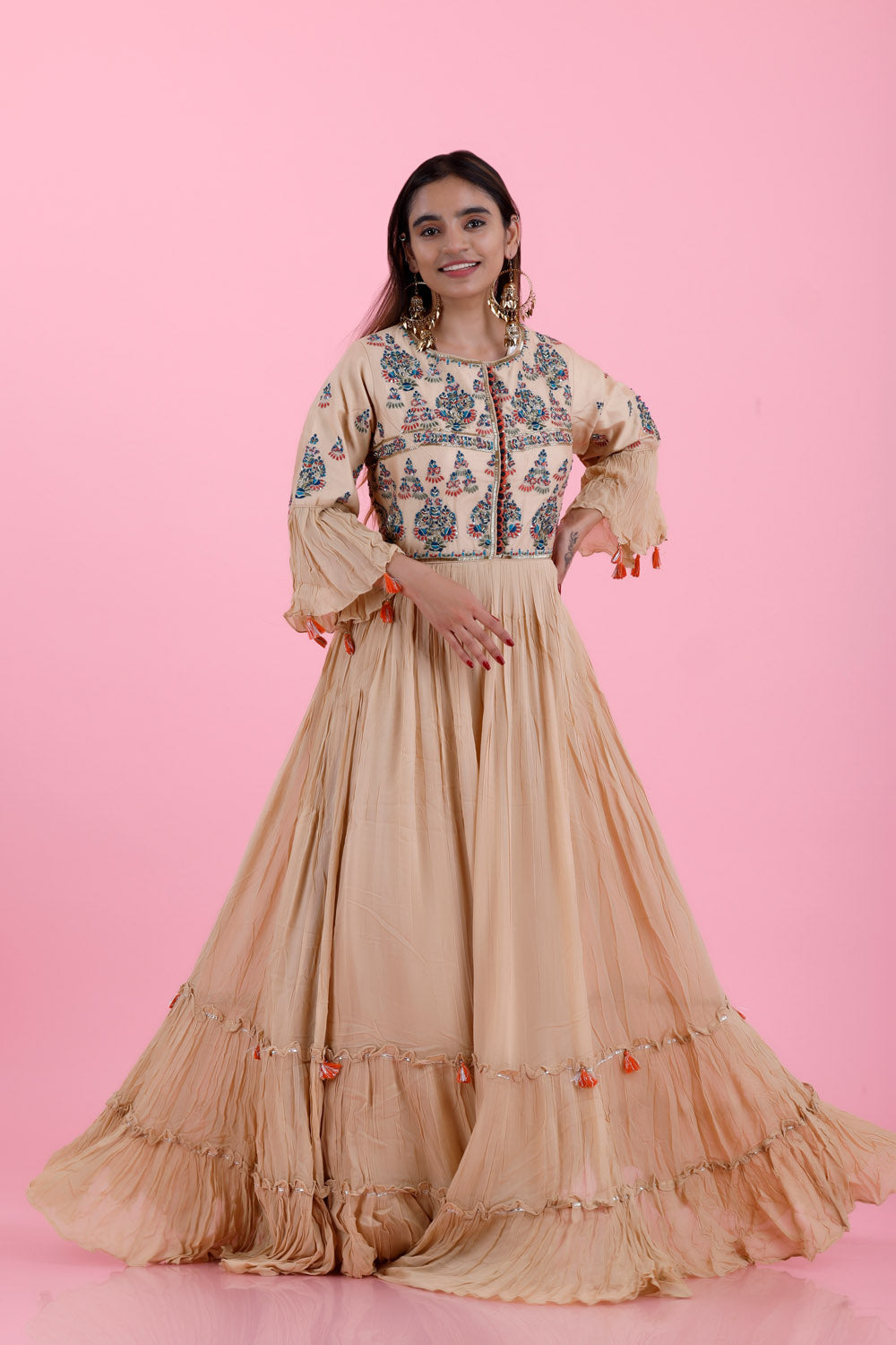 Light Cream Georgette Gown With Floral Embroidery
