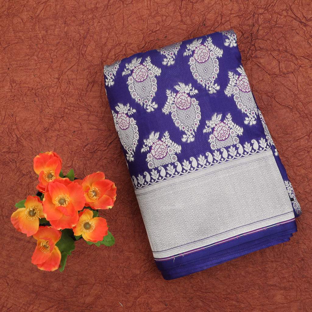 Blue Banarasi Silk Handloom Saree With Floral Motif Pattern - Singhania's
