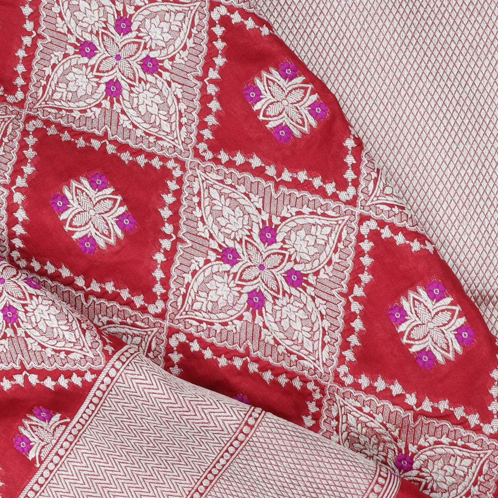 Red Banarasi Silk Handloom Saree With Floral Motif Pattern - Singhania's