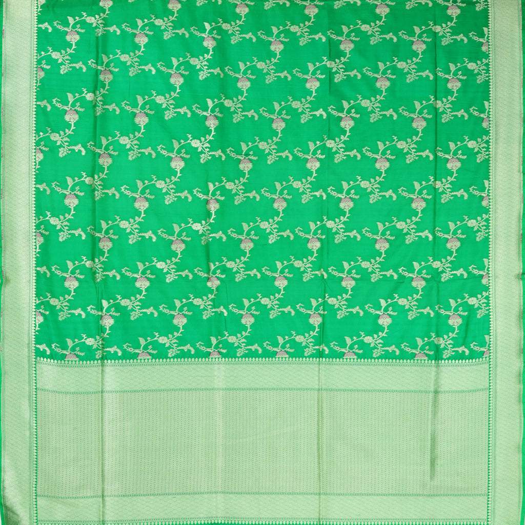 Green Banarasi Silk Handloom Saree With Floral Motifs Pattern - Singhania's