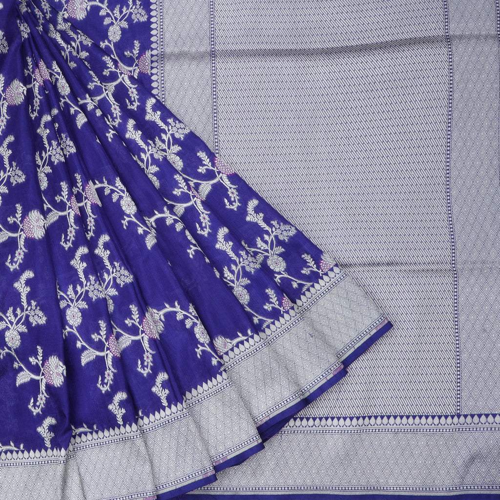 Iris Blue Banarasi Silk Handloom Saree With Floral Motifs Pattern - Singhania's