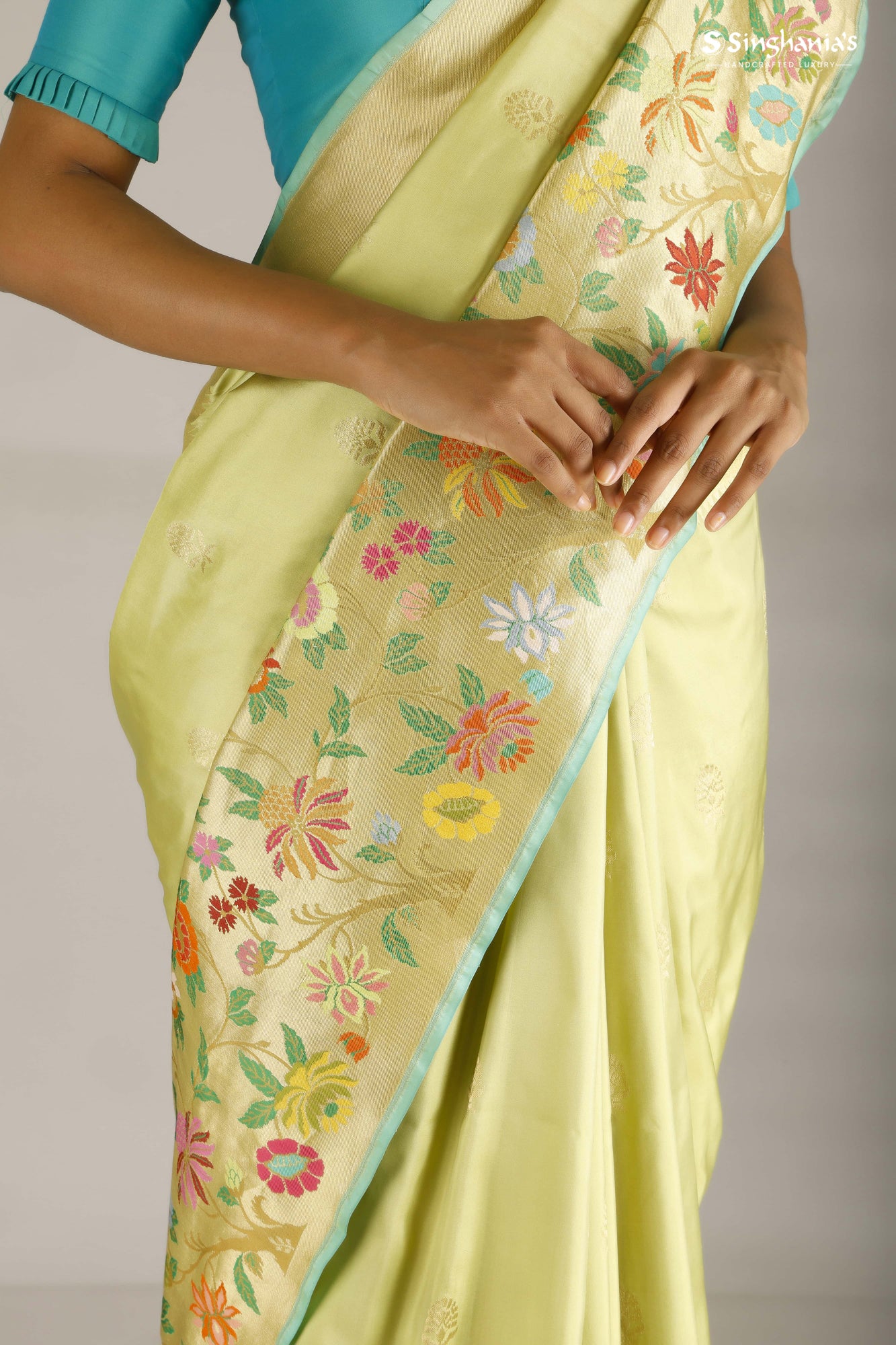 Mint Green Banarasi Silk Handloom Saree With Paithani Motifs - Singhania's