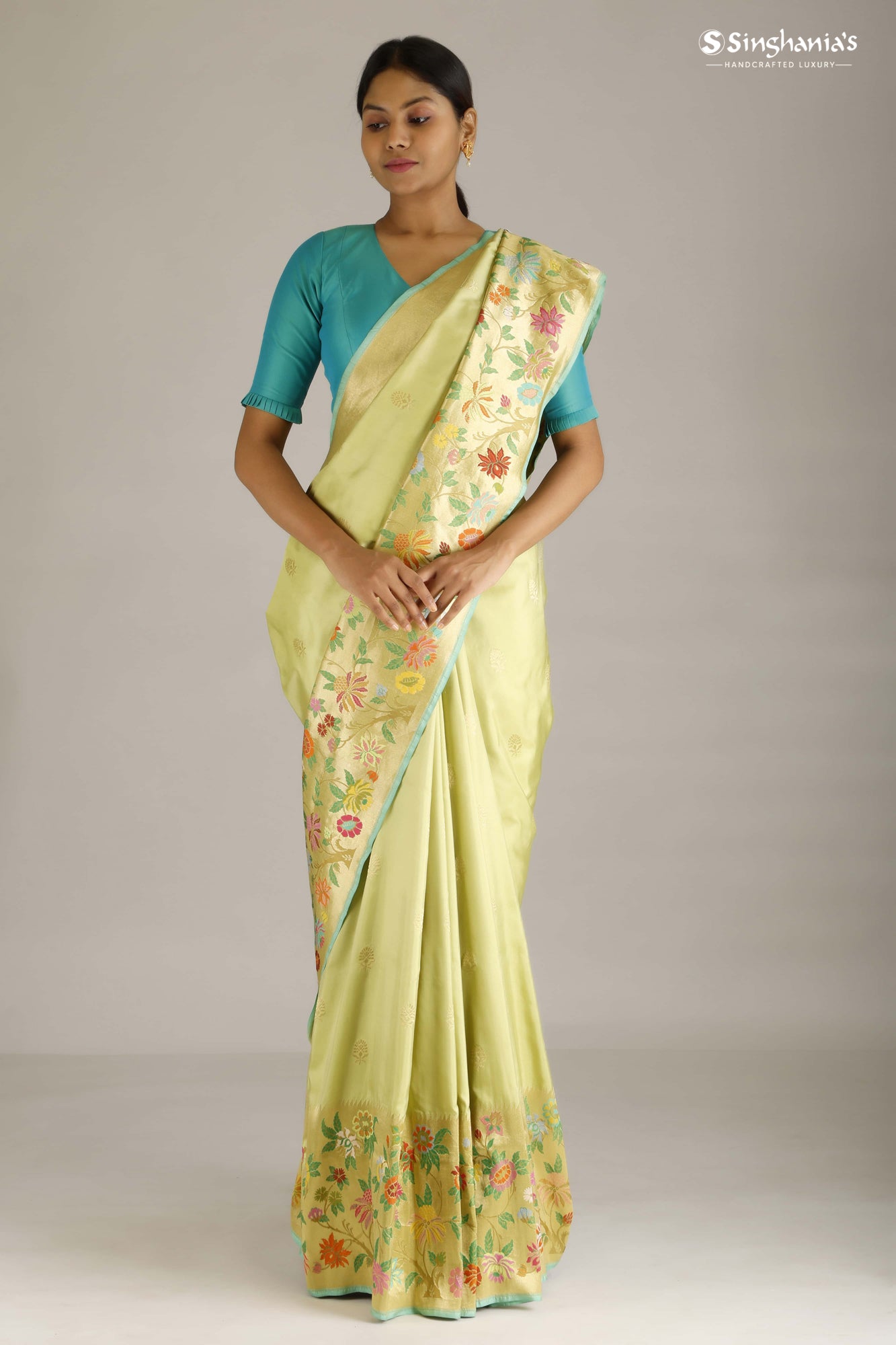 Mint Green Banarasi Silk Handloom Saree With Paithani Motifs - Singhania's