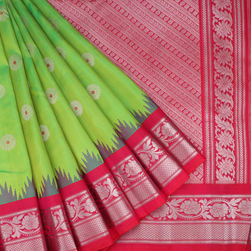 Thyme Green Gadwal Silk Handloom Saree With Floral Motifs - Singhania's