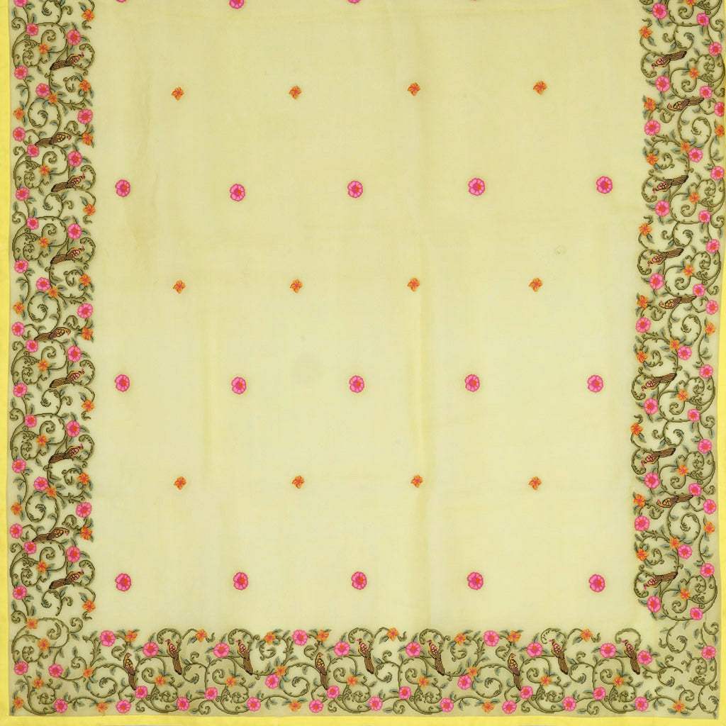Light Yellow Floral Embroidery Organza Designer Saree - Singhania's