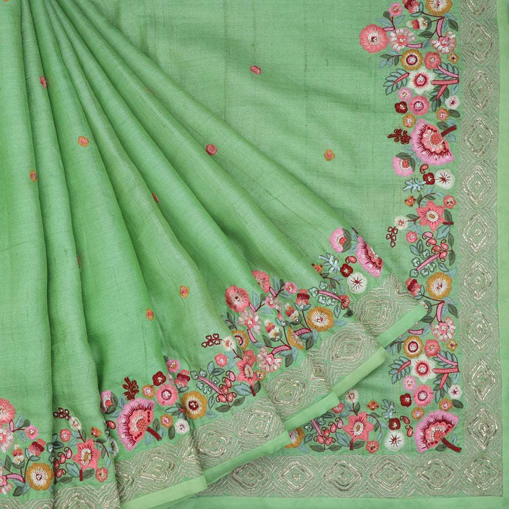 Light Green Floral Embroidery Tussar Designer Saree - Singhania's