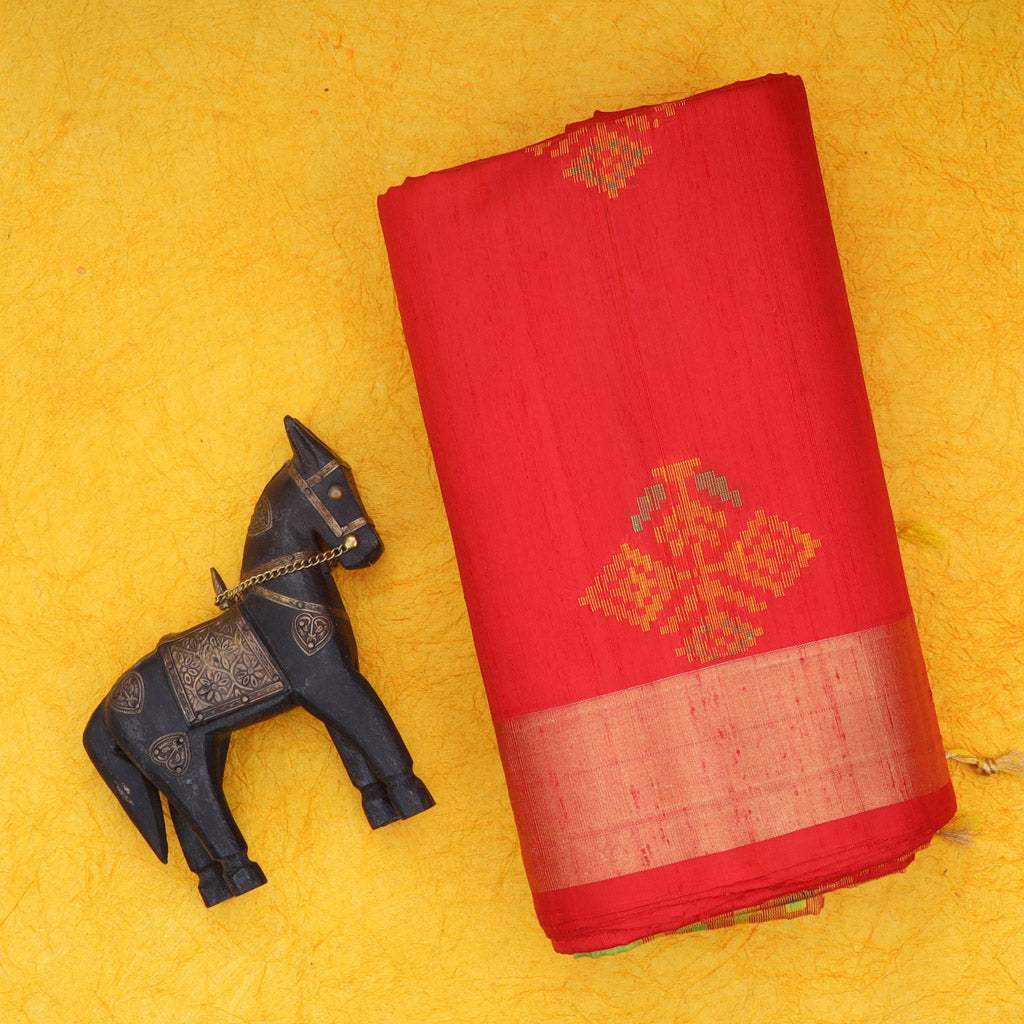 Vibrant Red Dupion Soft Silk Saree With Ikat Pattern - Singhania's
