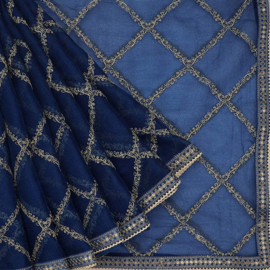Dark Sapphire Designer Organza Saree With Floral Embroidery - Singhania's