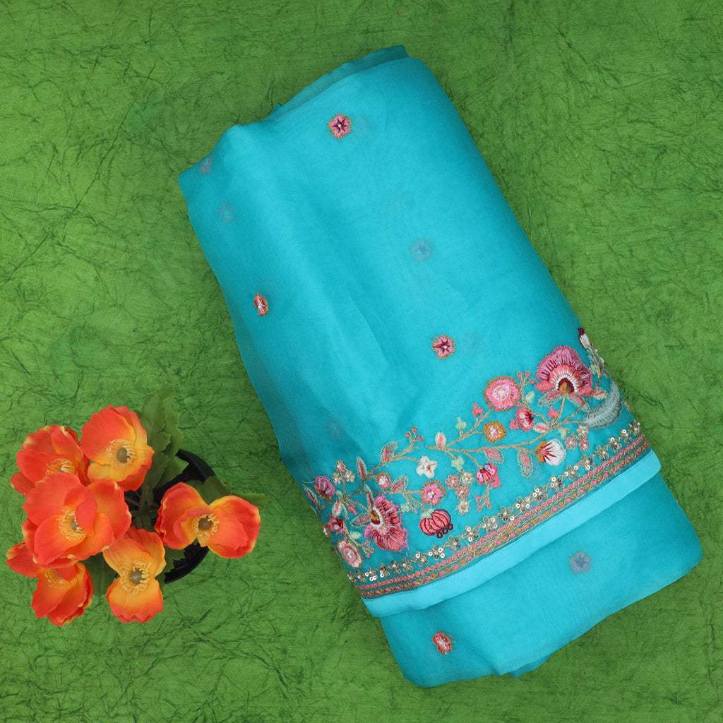 Aqua Blue Organza Saree With Floral Embroidery - Singhania's