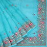 Aqua Blue Organza Saree With Floral Embroidery - Singhania's
