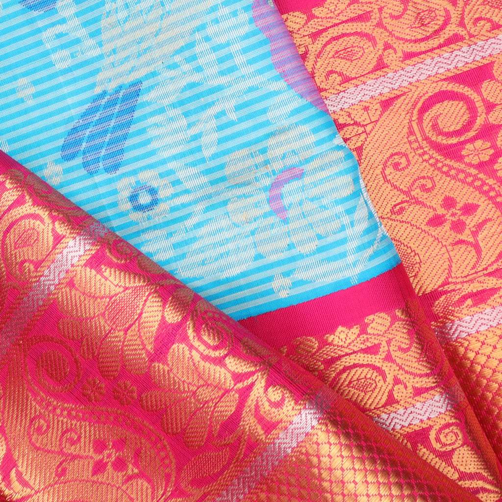 Sky Blue Kanjivaram Silk Saree With Floral Motifs - Singhania's