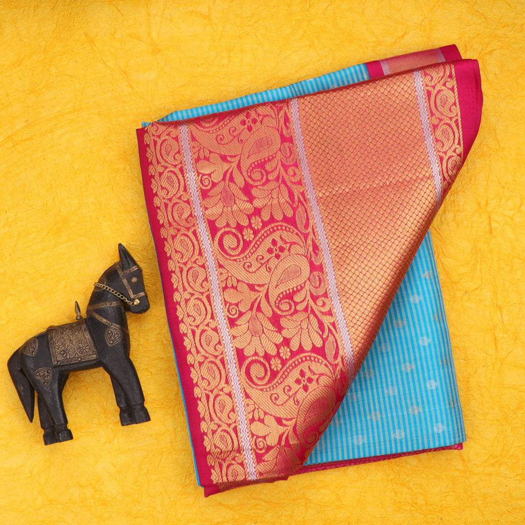 Sky Blue Kanjivaram Silk Saree With Floral Motifs - Singhania's