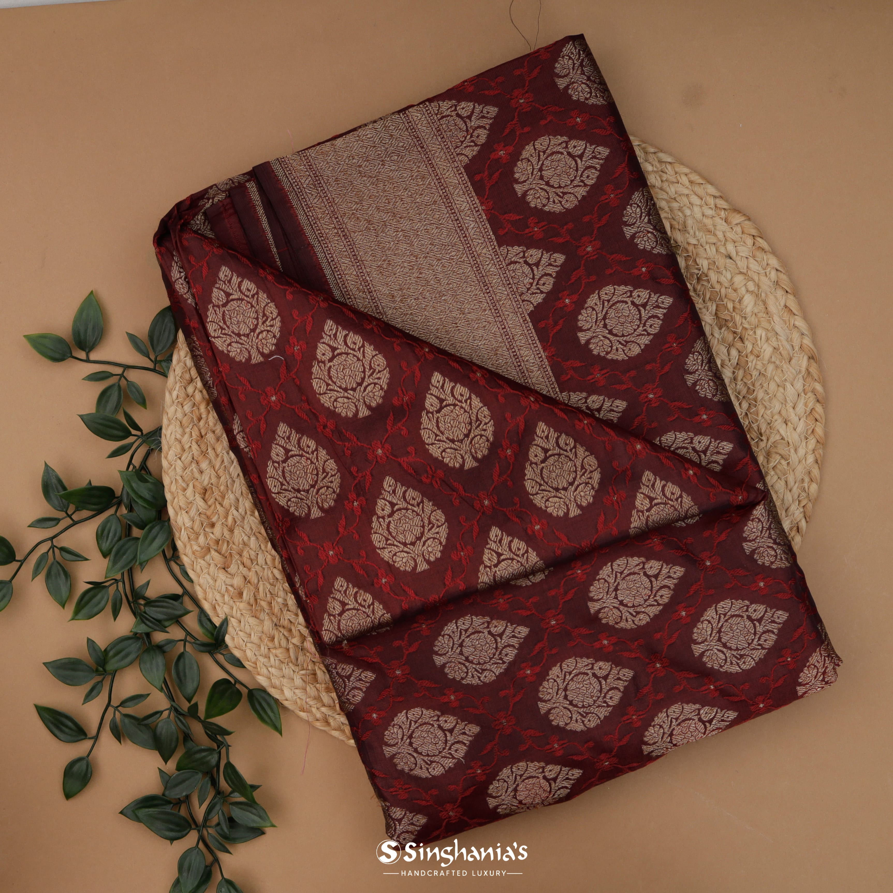 Dark Maroon Silk Banarasi Handloom Silk Saree With Floral Jaal Pattern