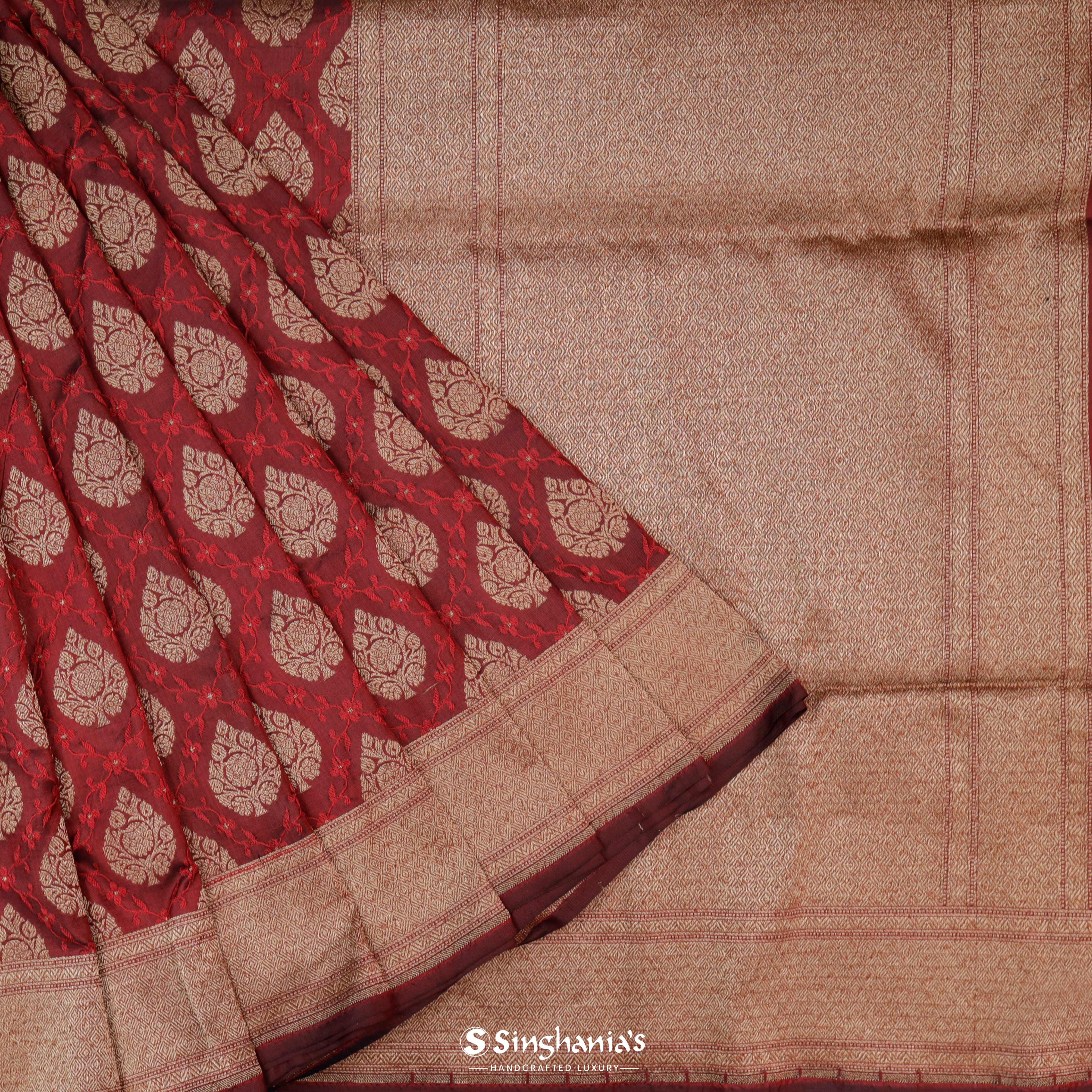 Dark Maroon Silk Banarasi Handloom Silk Saree With Floral Jaal Pattern