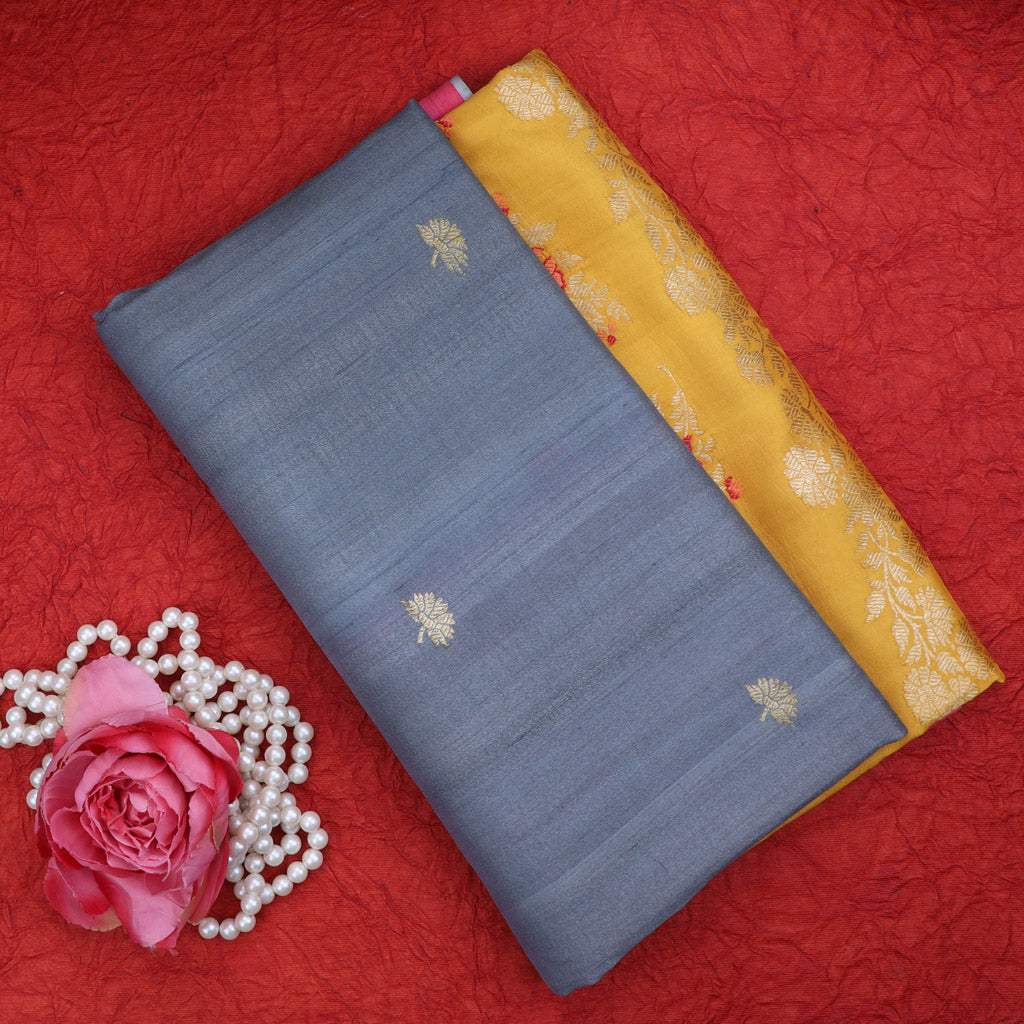 Earthy Grey Tussar Jamdani Saree With Floral Motifs - Singhania's
