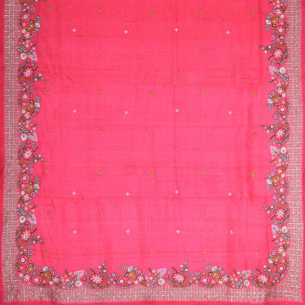 Imperial Red Tussar Saree With Floral Embroidery - Singhania's