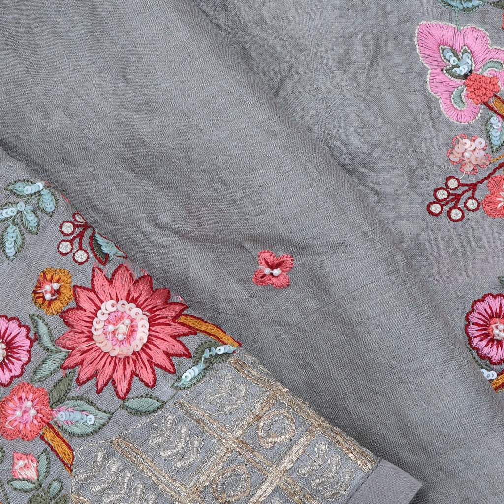 Ash Gray Tussar Saree With Floral Embroidery - Singhania's