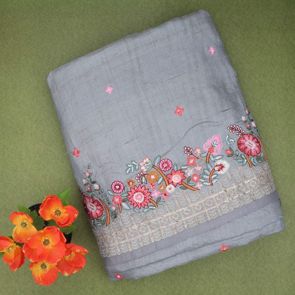 Ash Gray Tussar Saree With Floral Embroidery - Singhania's
