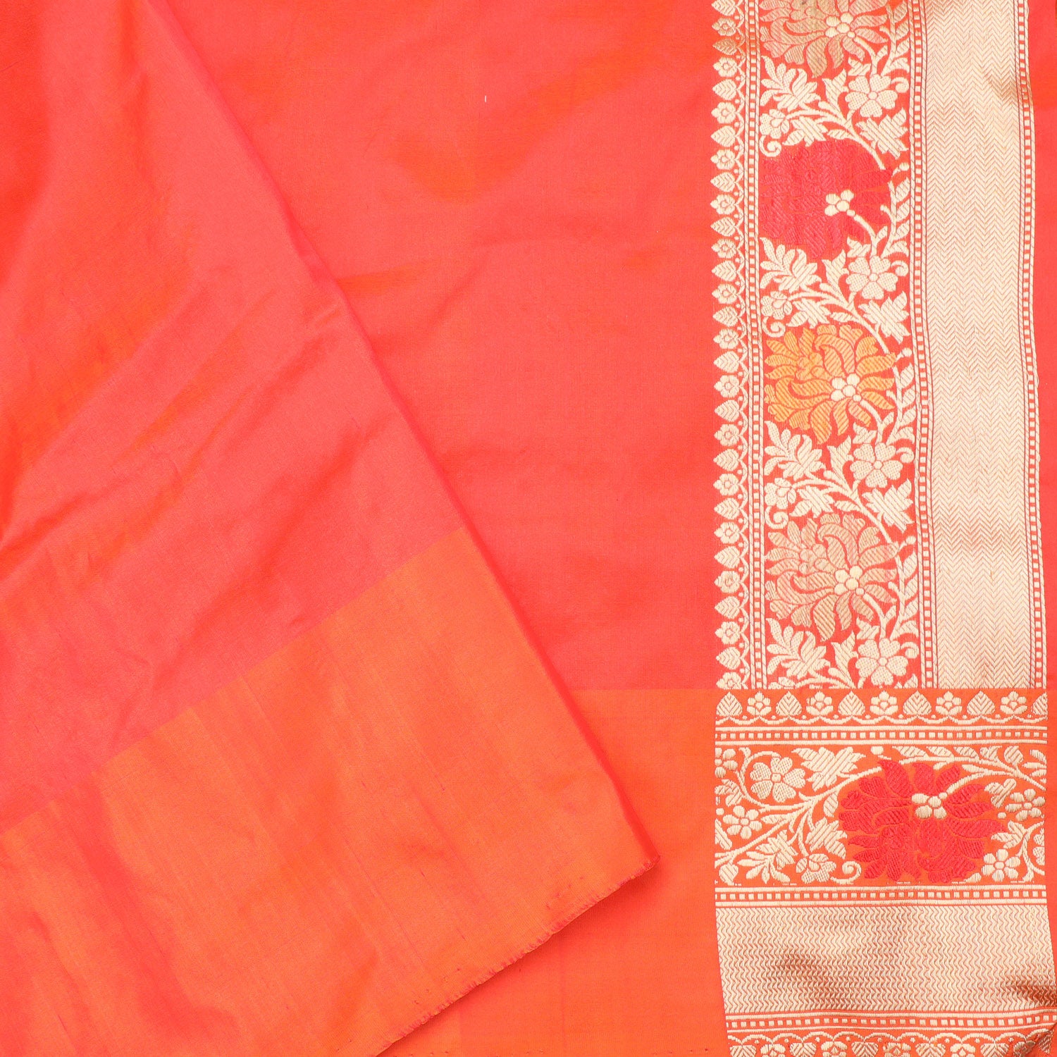 Tomato Red Banarasi Silk Handloom Saree With Floral Jaal Design - Singhania's