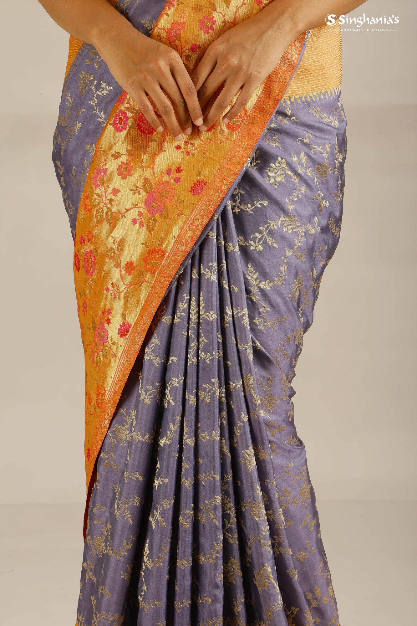 Blue Violet Banarasi Silk Handloom Saree With Floral Jaal Design