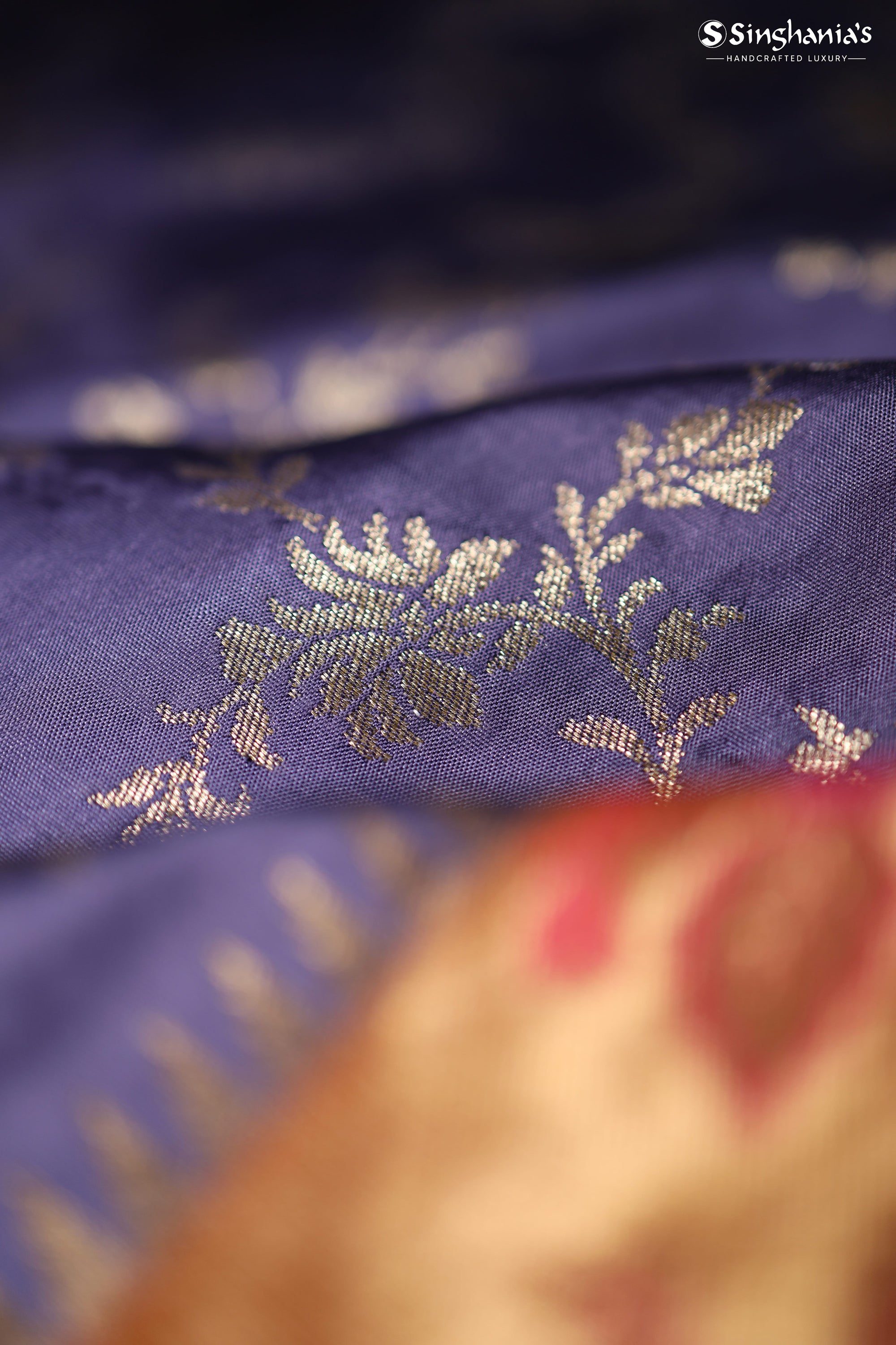 Blue Violet Banarasi Silk Handloom Saree With Floral Jaal Design