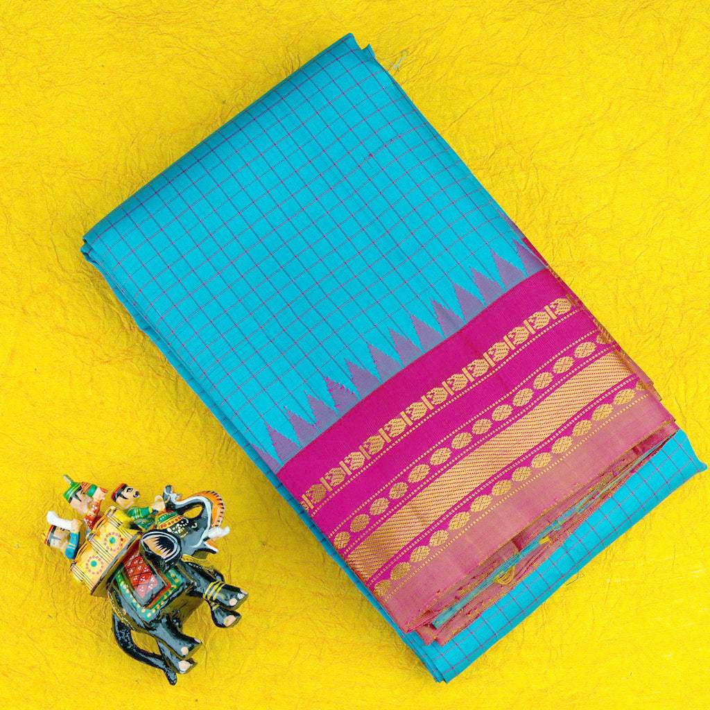 Sky Blue Gadwal Silk Handloom Saree With Checks Pattern - Singhania's