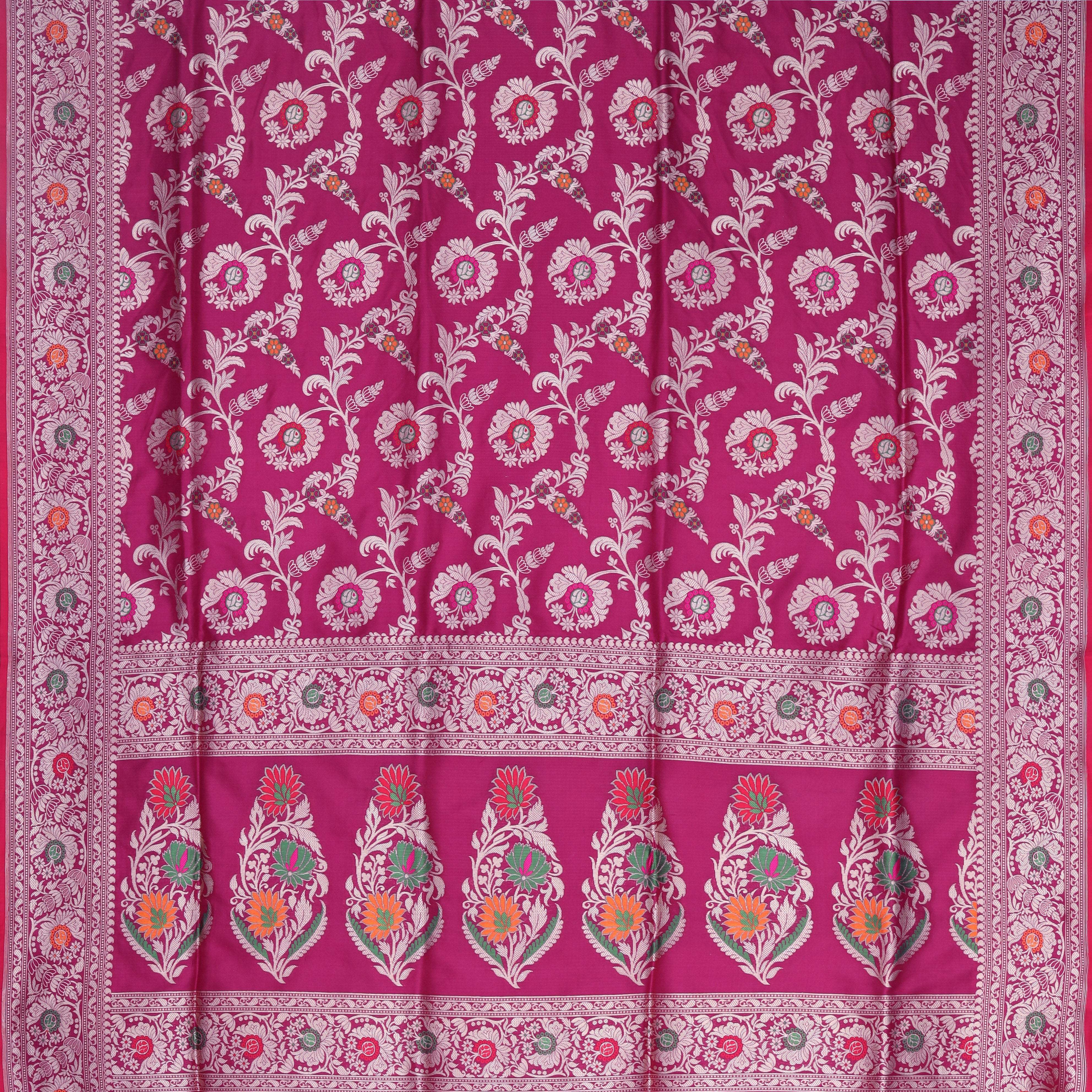 Dark Magenta Pink Banarasi Silk Handloom Saree With Floral Pattern - Singhania's