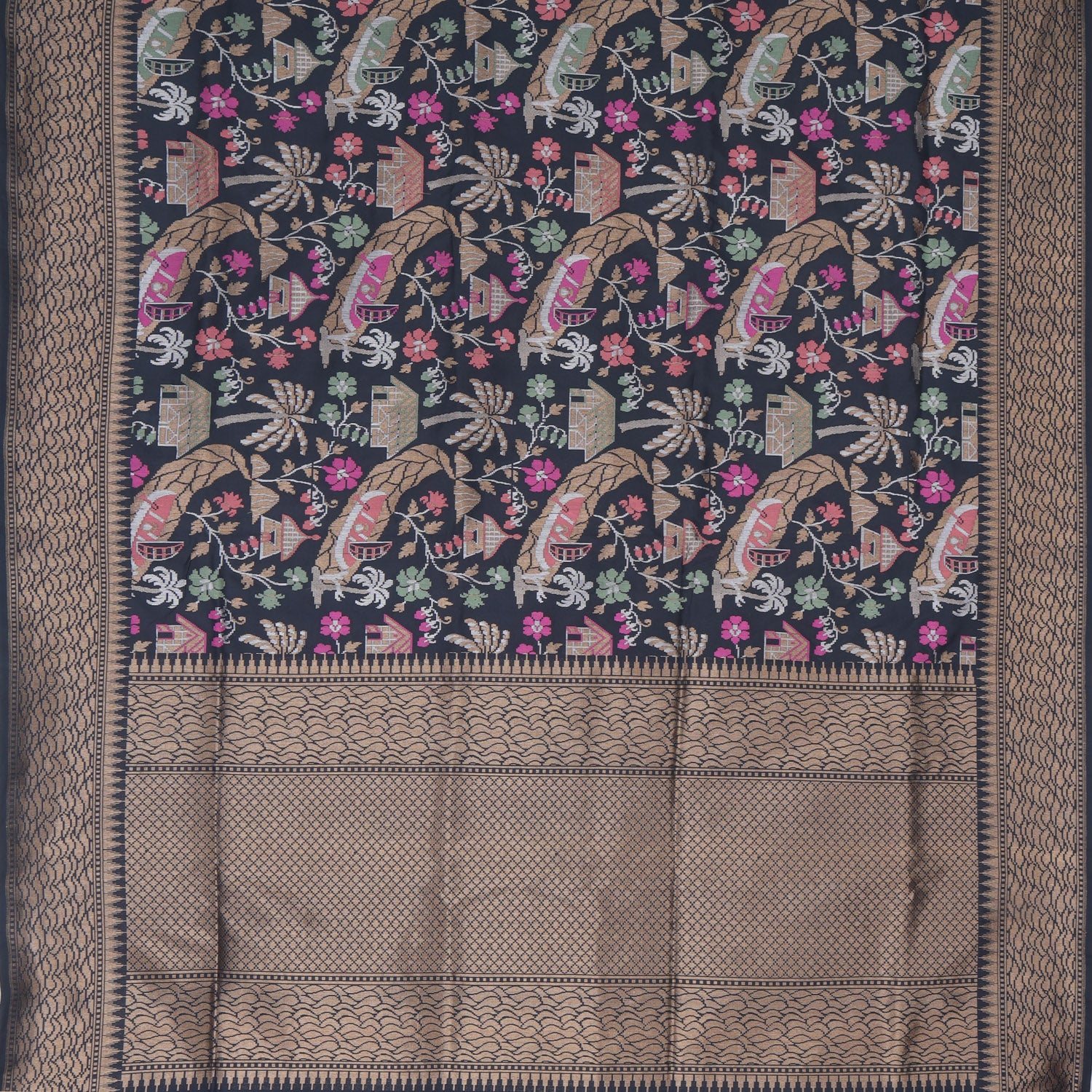 Black Banarasi Silk Handloom Saree With Jaal Pattern - Singhania's