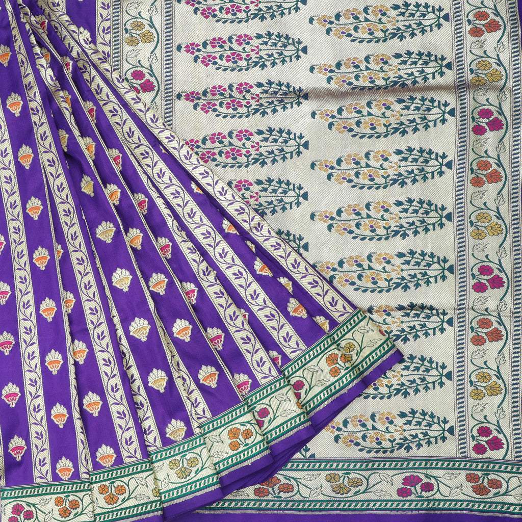 Violet Satin Banarasi Silk Handloom Saree With Floral Buttas - Singhania's