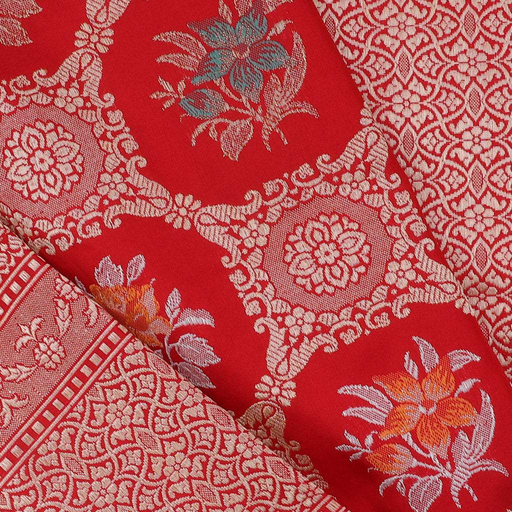 Vibrant Red Banarasi Silk Handloom Saree With Floral Pattern - Singhania's