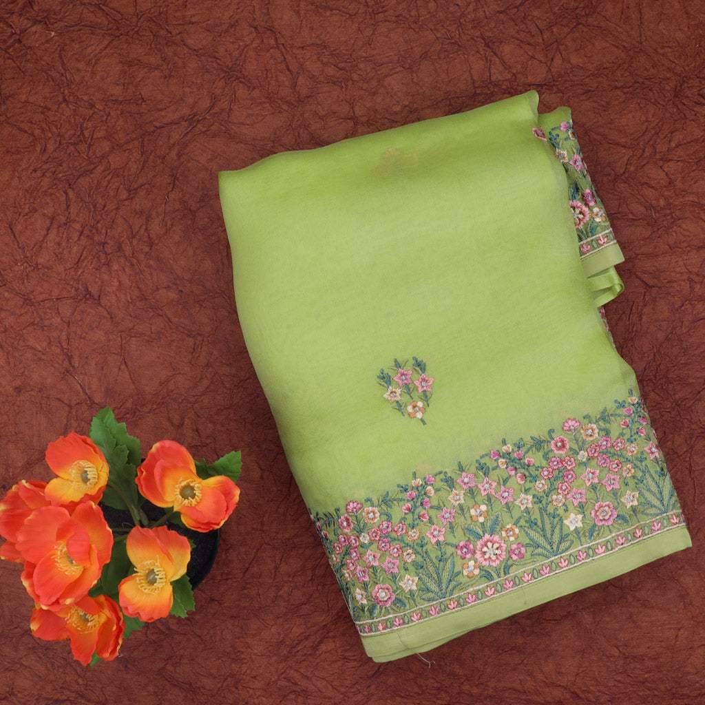 Pista Green Floral Embroidery Organza Saree - Singhania's