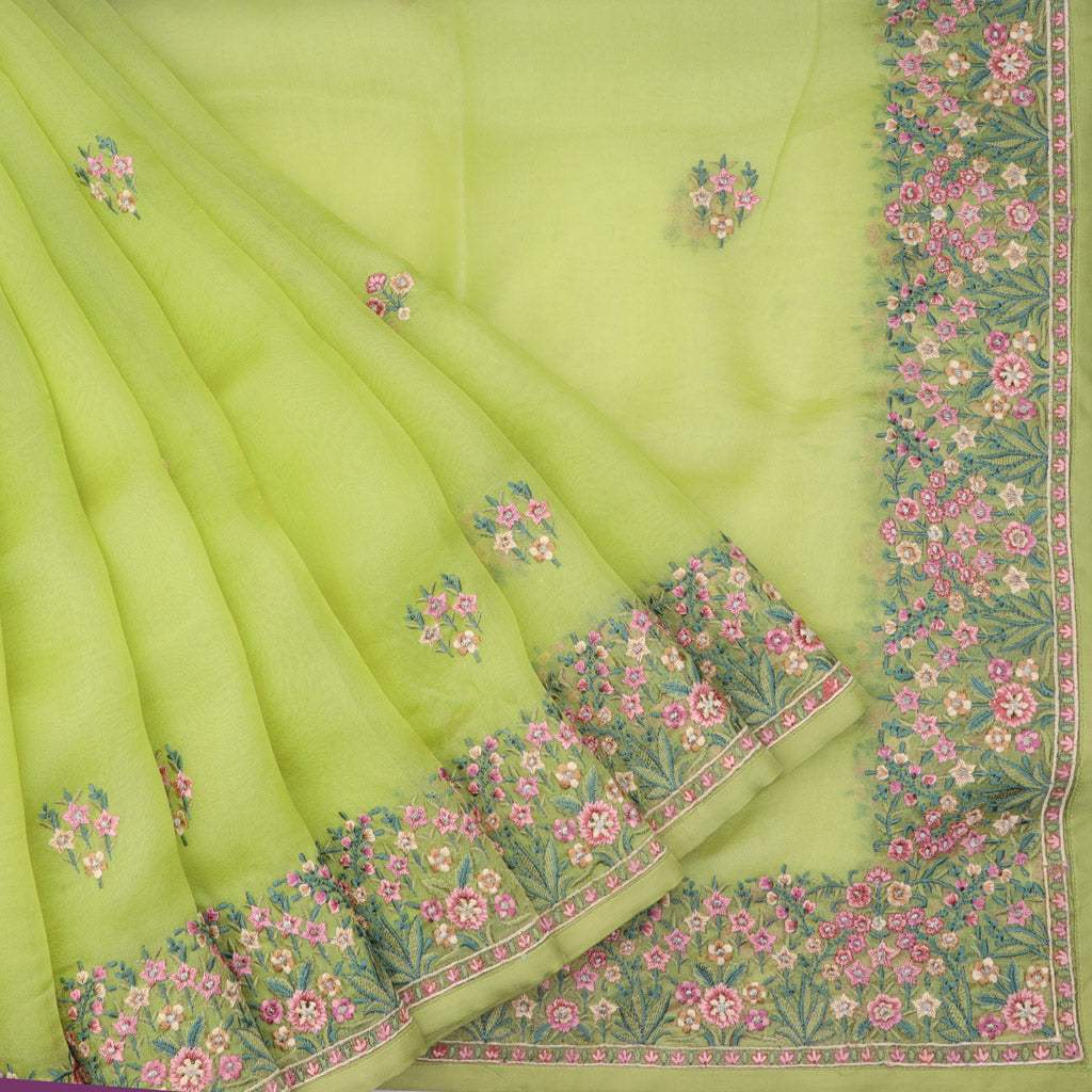 Pista Green Floral Embroidery Organza Saree - Singhania's