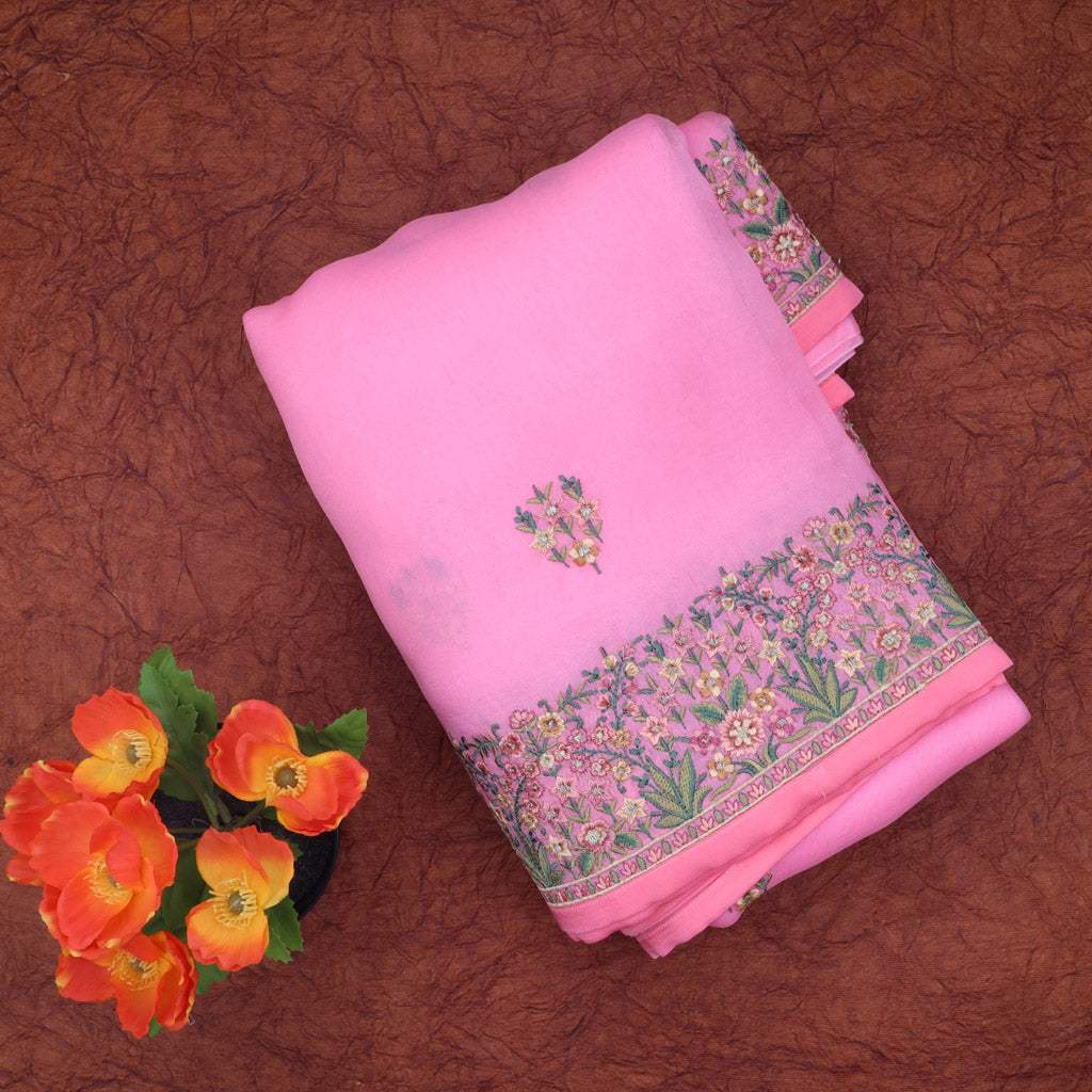 Pastel Pink Floral Embroidery Organza Saree - Singhania's