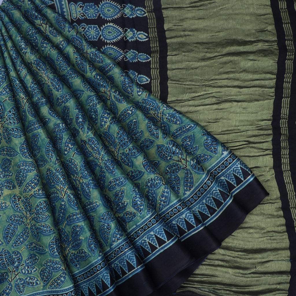 Slimy Green Printed Satin Silk Saree With Ajrakh Print - Singhania's