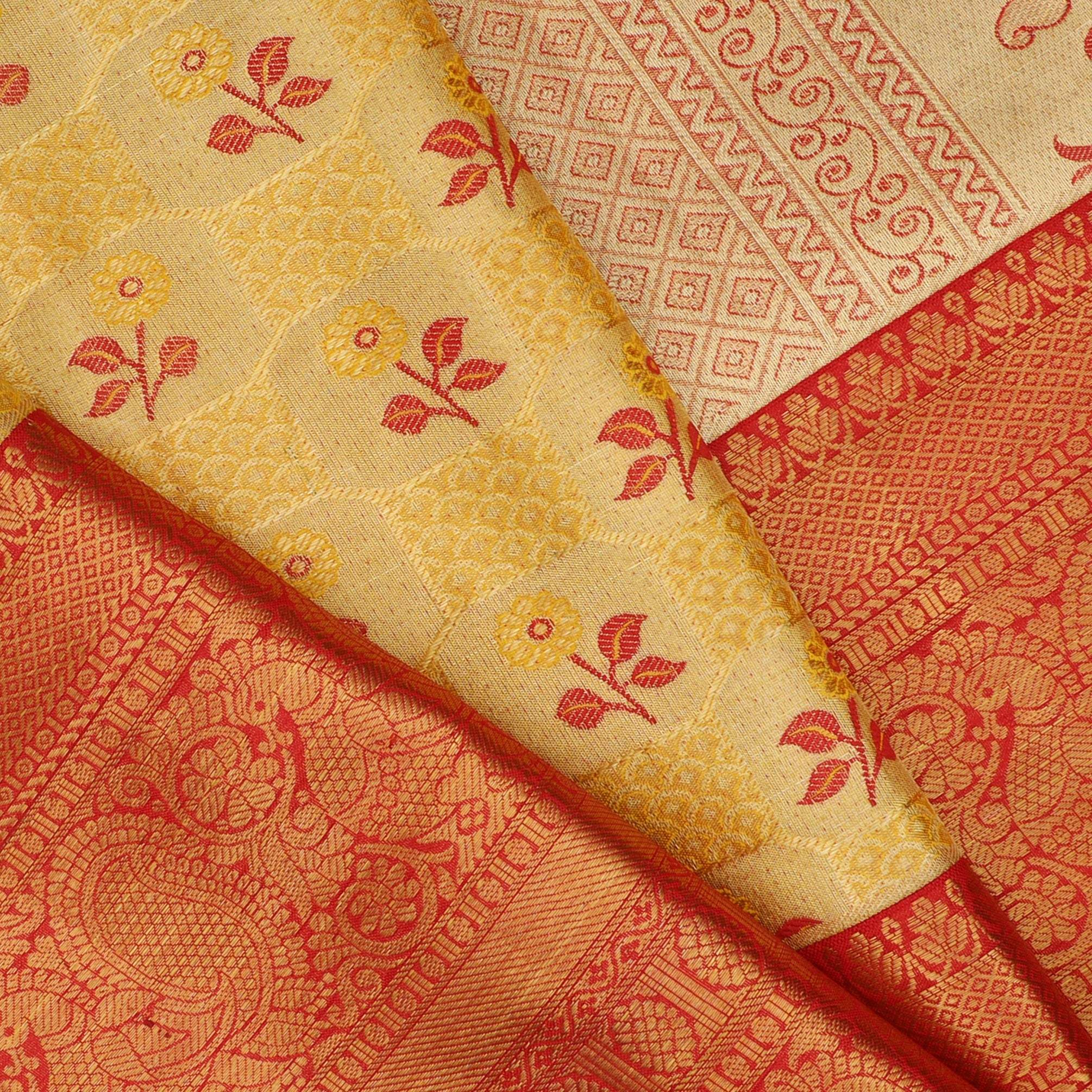 Pastel Gold Kanjivaram Silk Saree With Floral Motifs - Singhania's