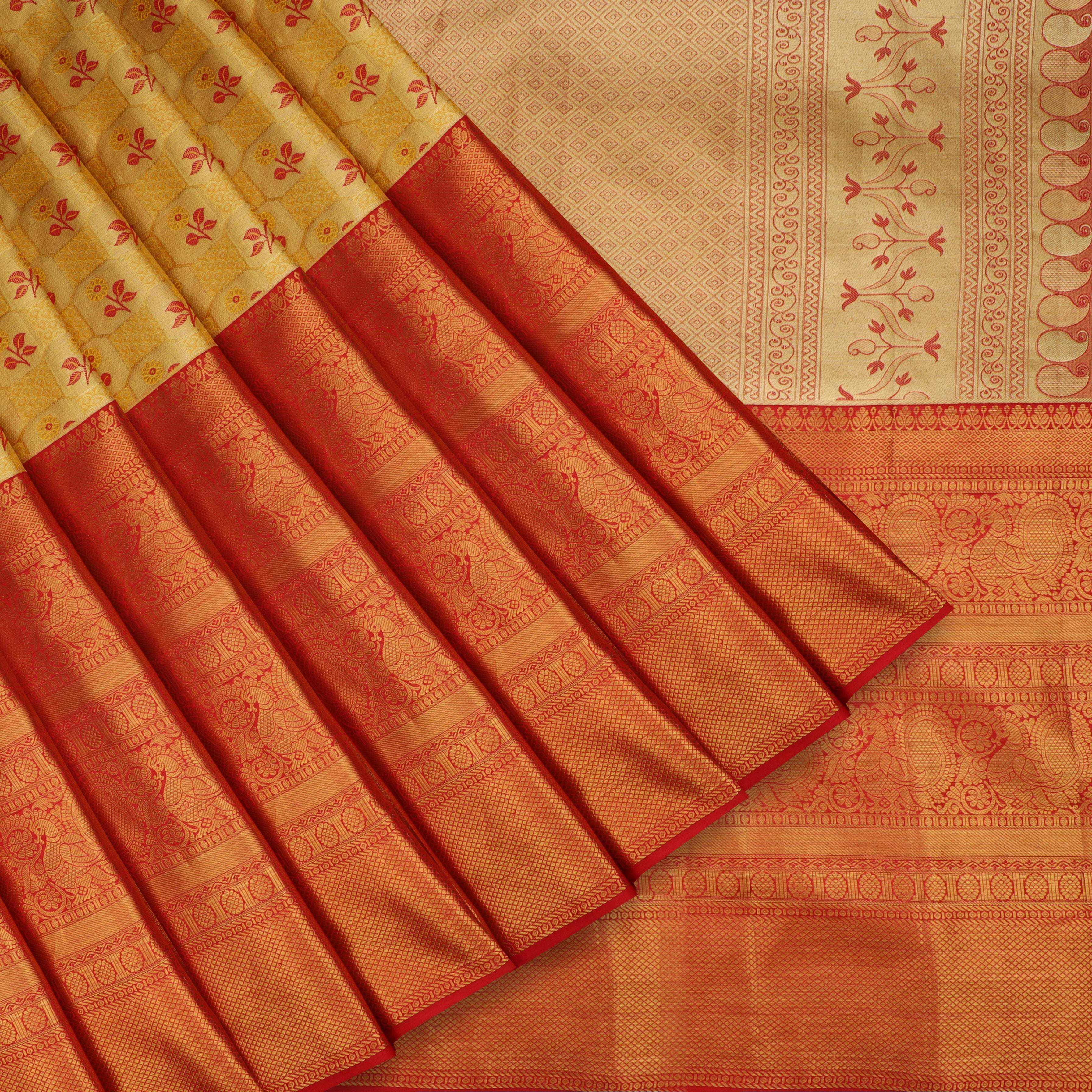 Pastel Gold Kanjivaram Silk Saree With Floral Motifs - Singhania's