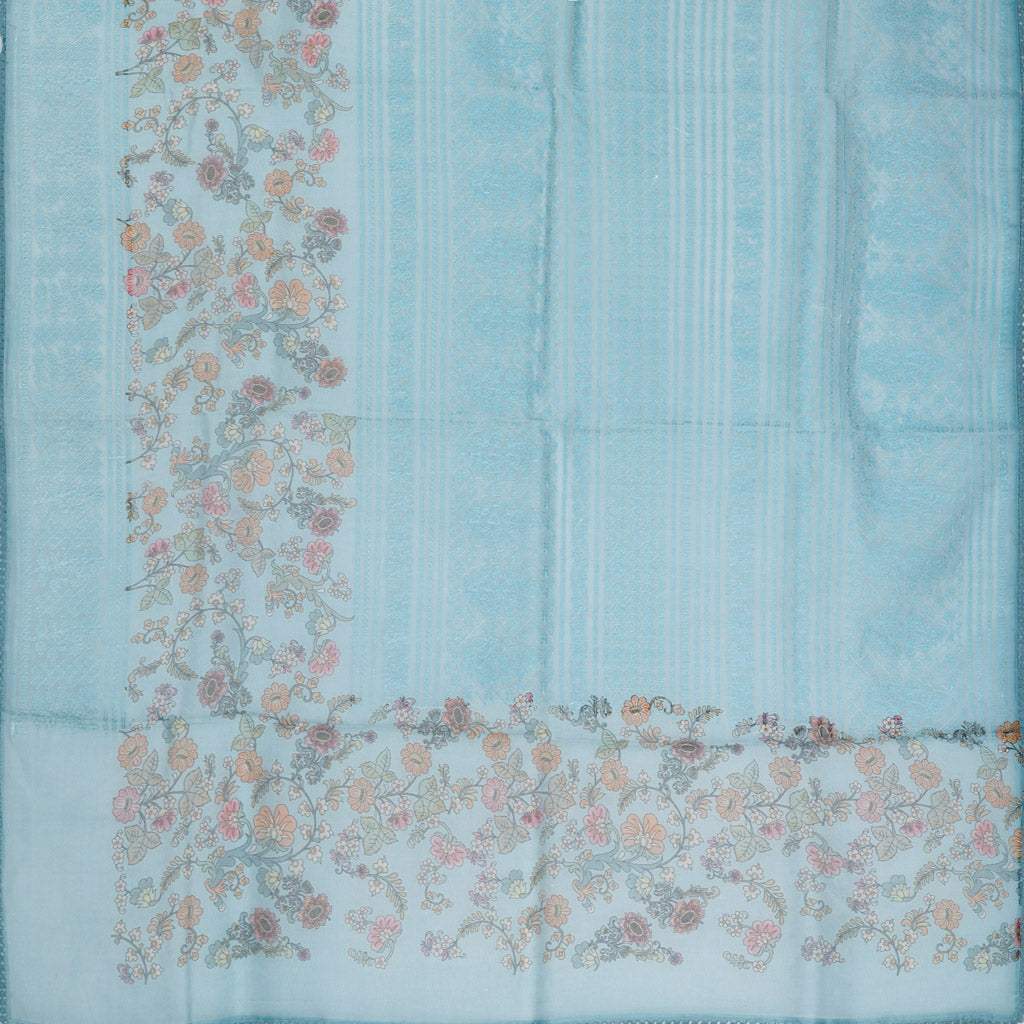 Pastel Blue Embroidery Organza Saree With Floral Print - Singhania's