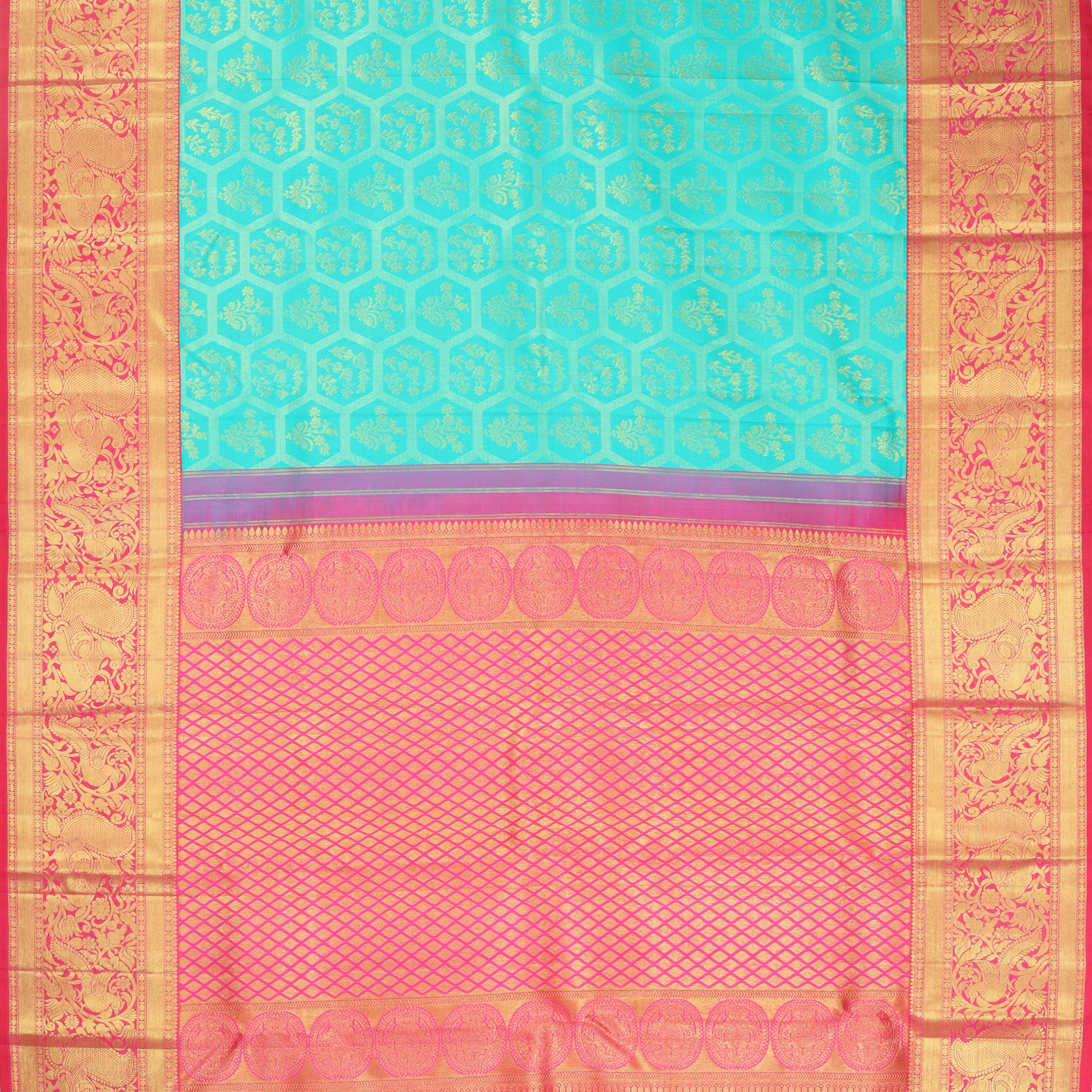 Light Blue Kanjivaram Silk Saree With Floral Motifs - Singhania's