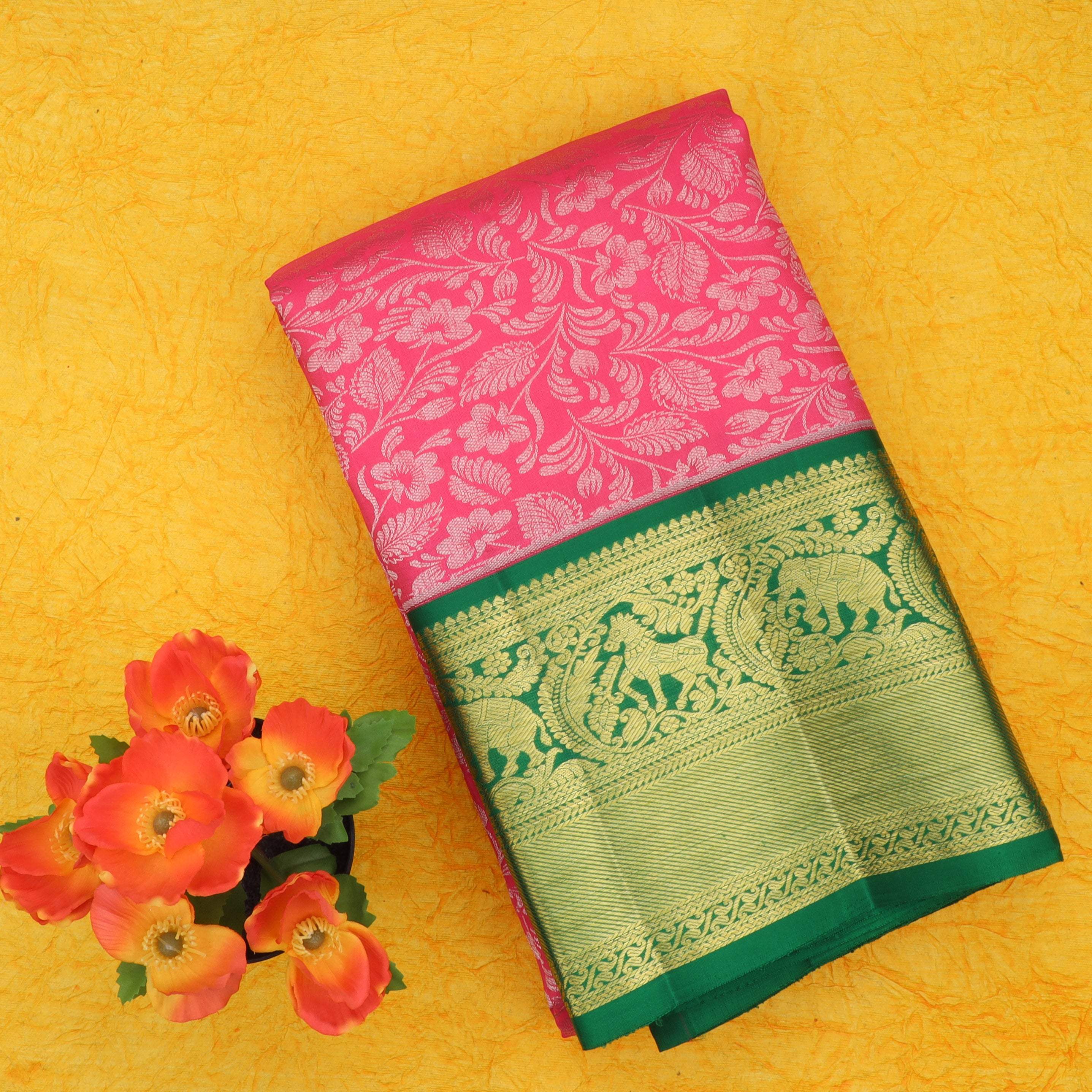 Pastel Red Kanjivaram Silk Saree With Intricately Woven Floral Pattern - Singhania's