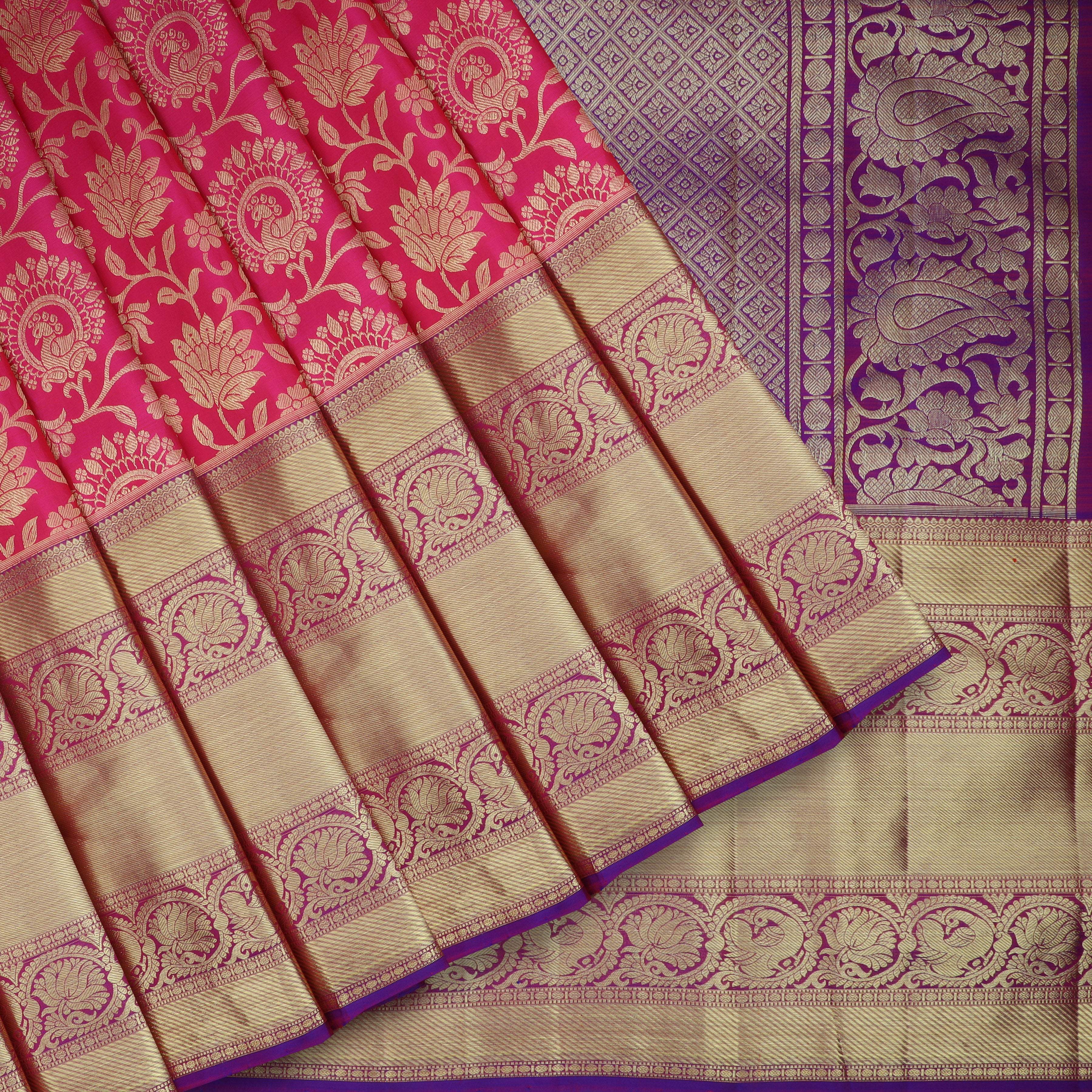 Hot Pink Kanjivaram Silk Saree With Jaal Design - Singhania's