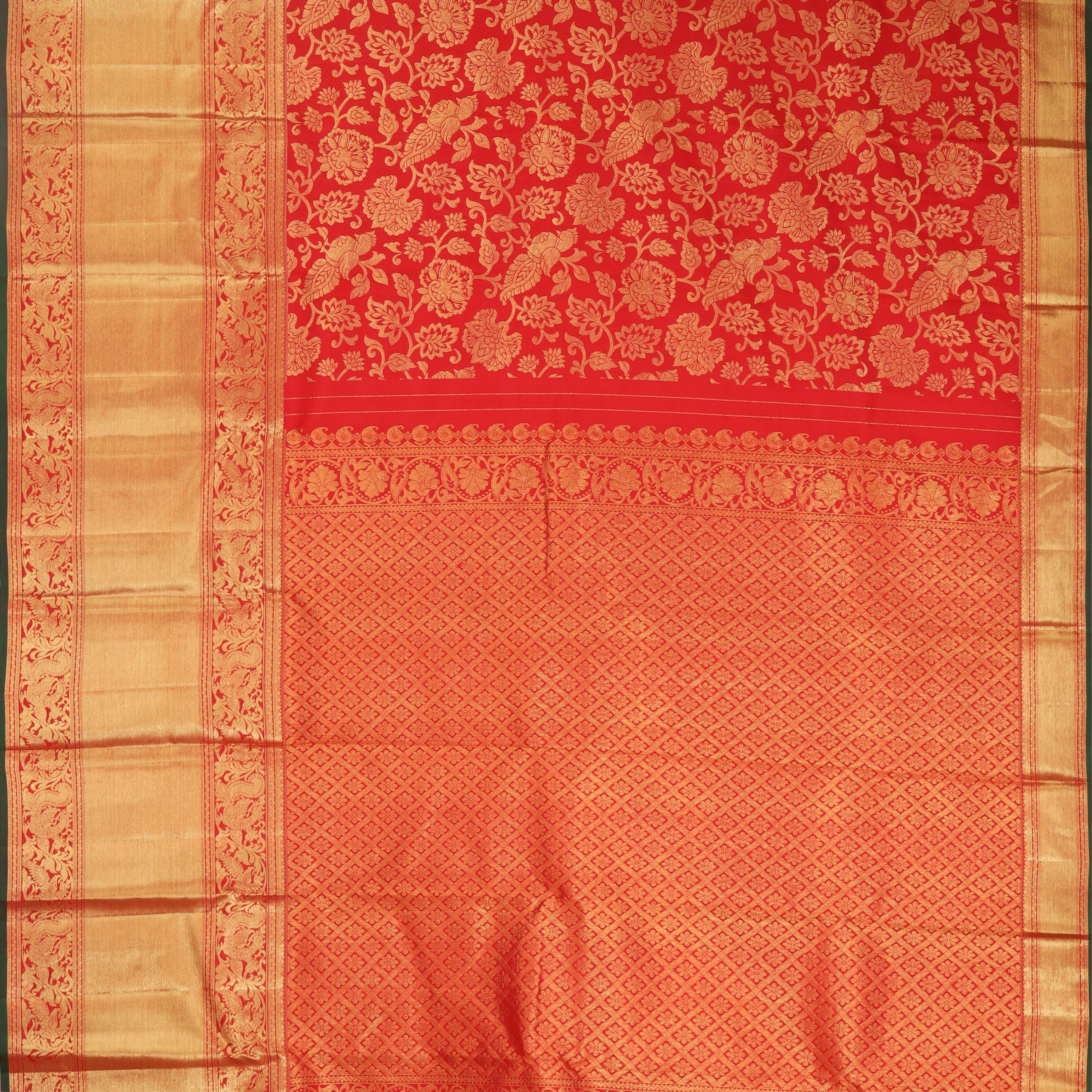 Vibrant Red Kanjivaram Silk Saree With Floral Pattern - Singhania's