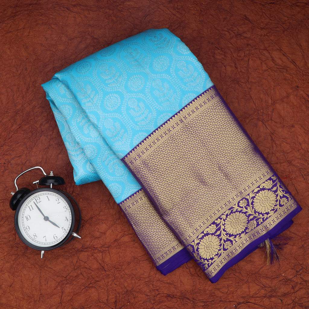 Sky Blue Kanjivaram Silk Saree With Floral Motifs - Singhania's