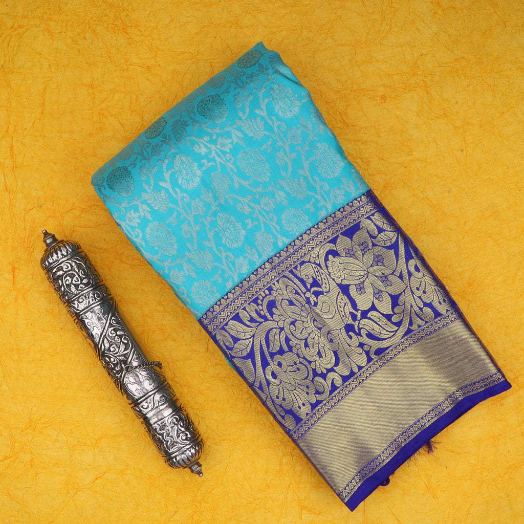 Sky Blue Kanjivaram Silk Saree With Floral Motif Pattern - Singhania's