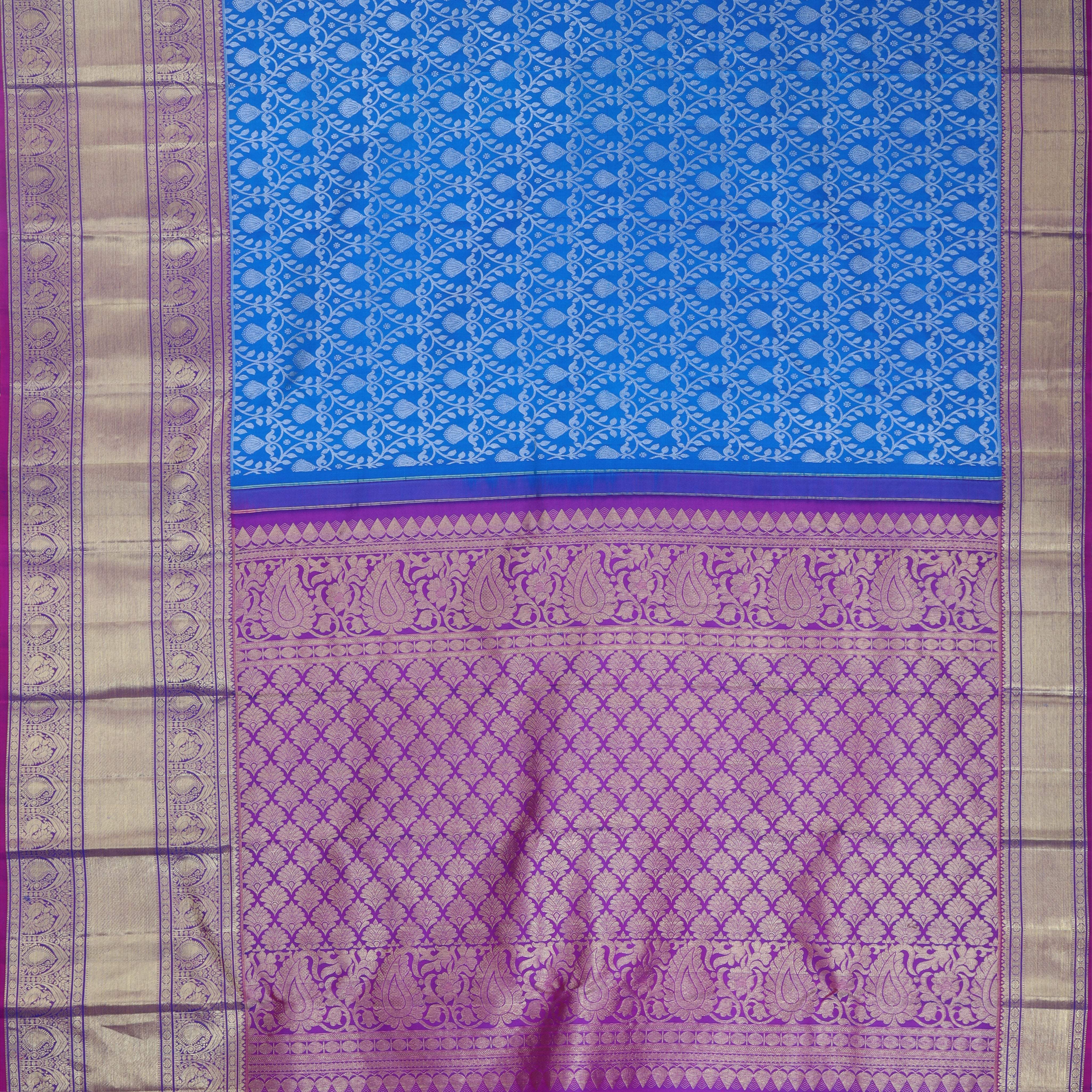 Azure Blue Kanjivaram Silk Saree With Floral Pattern - Singhania's