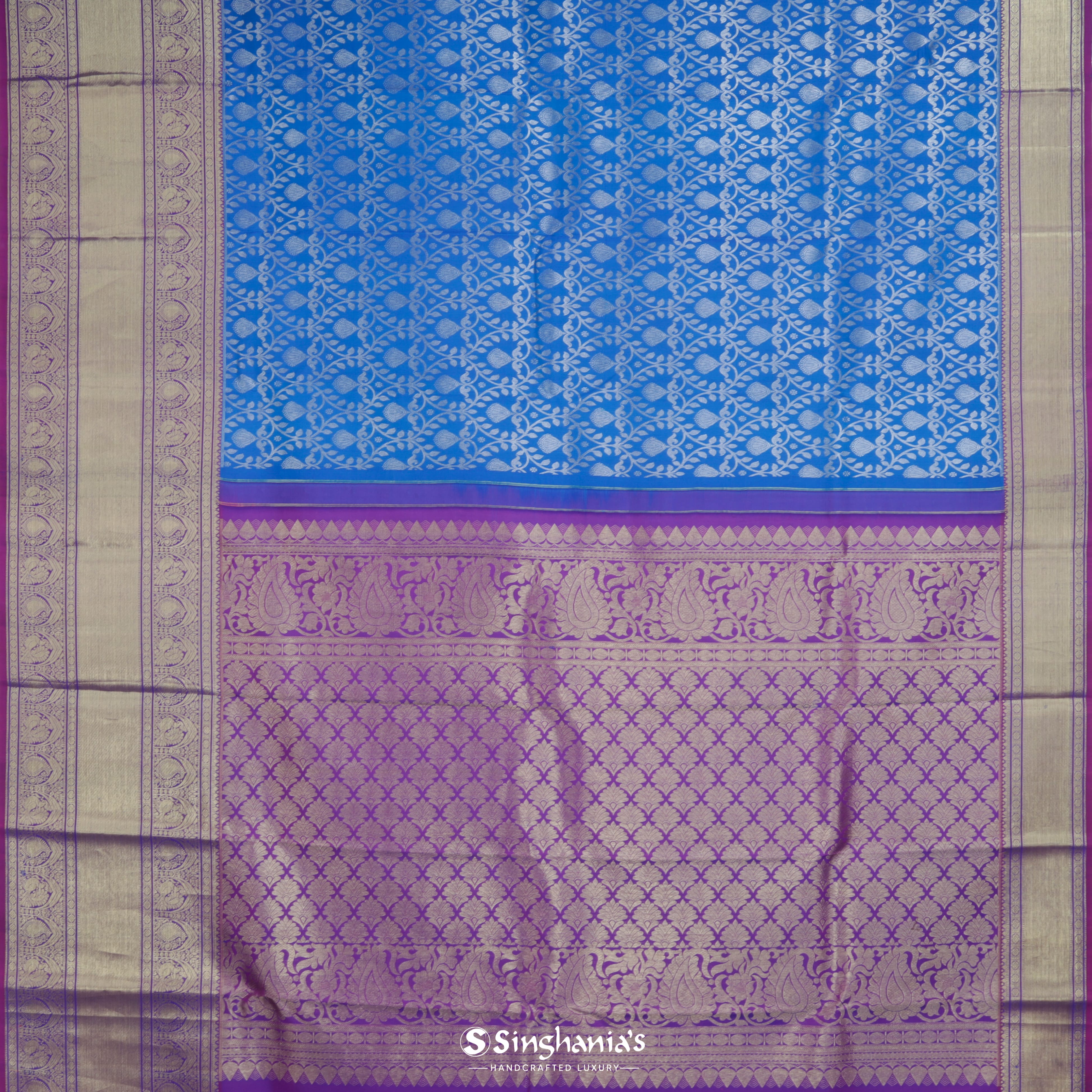 Byzantine Blue Silk Kanjivaram Saree With Floral Jaal Design