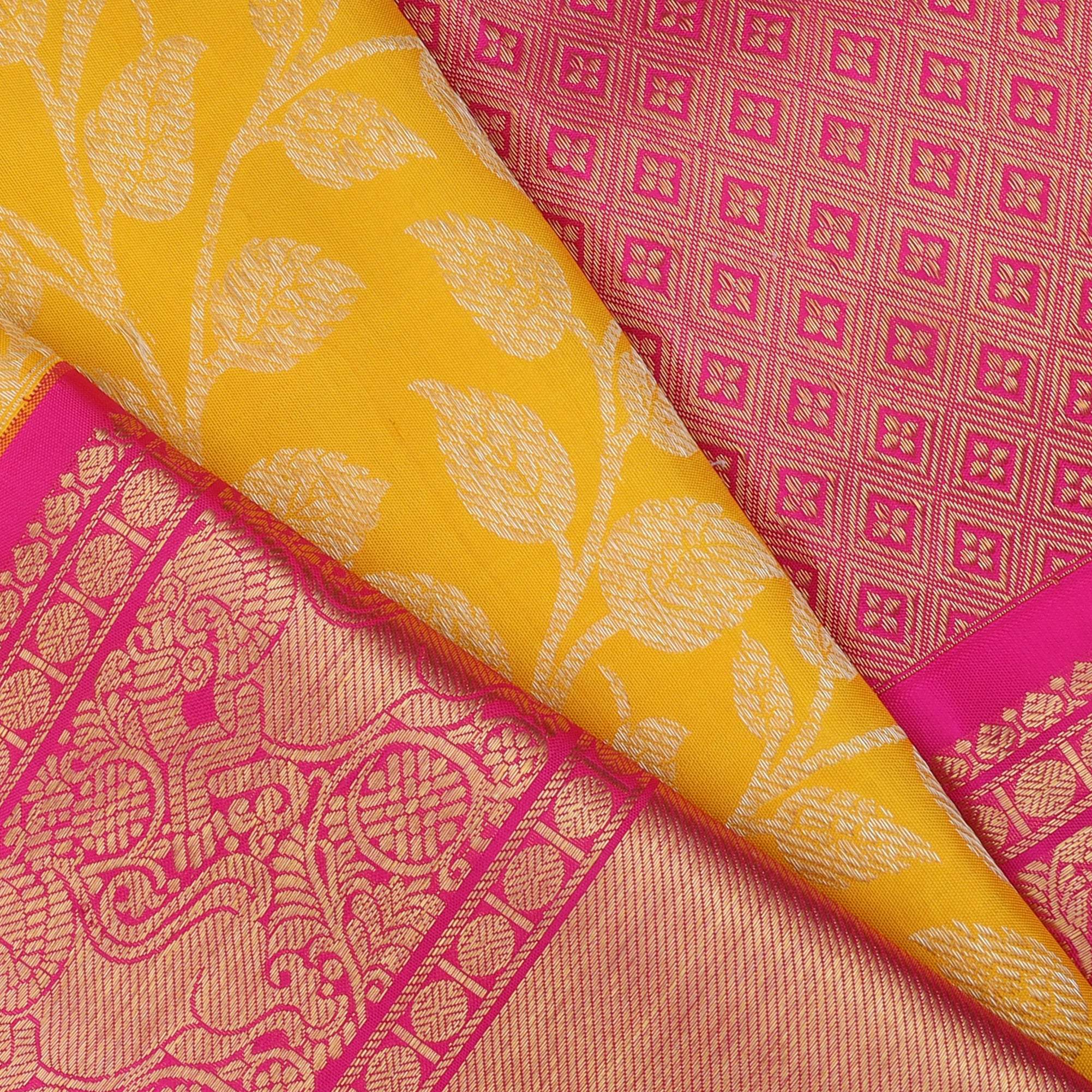 Lemon Yellow Kanjivaram Silk Saree With Leaf Pattern - Singhania's