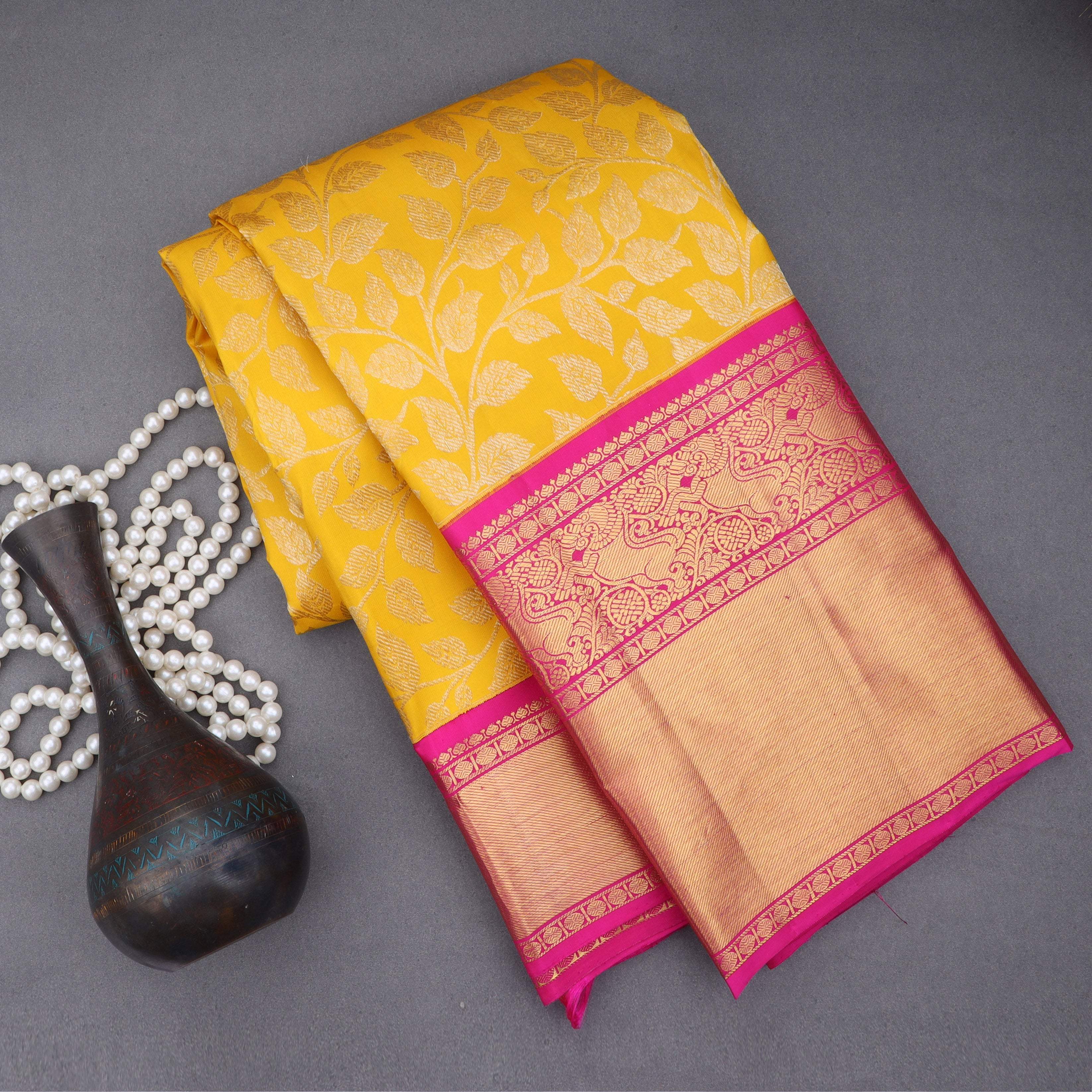 Lemon Yellow Kanjivaram Silk Saree With Leaf Pattern - Singhania's